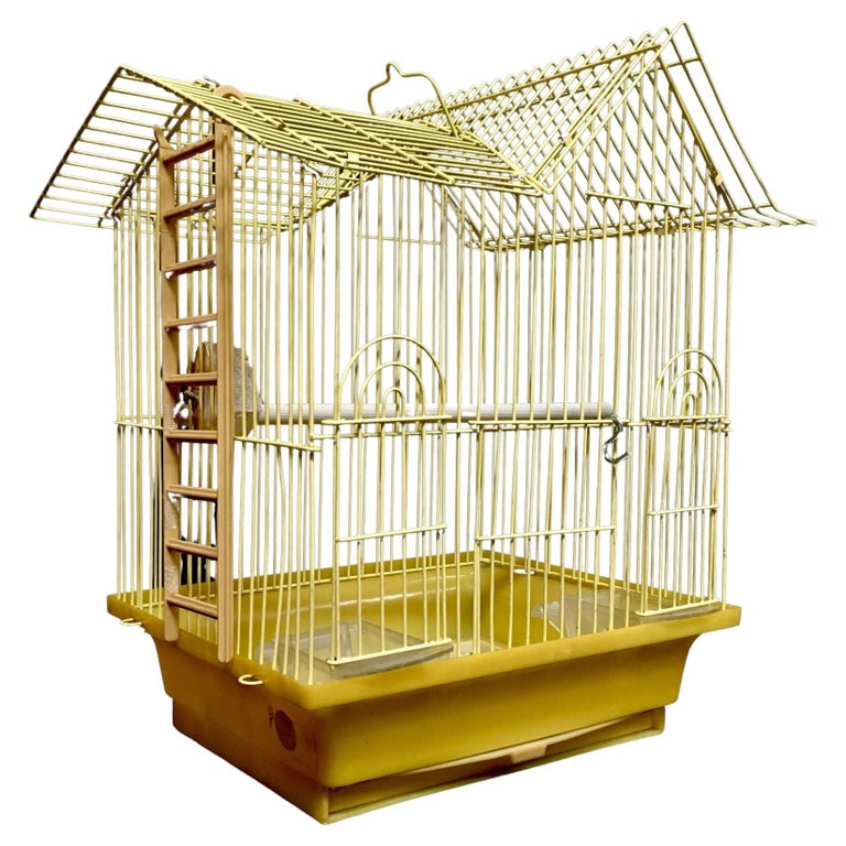 Vintage wire house birdcage single roof in yellow with accessories For Sale  at 1stDibs