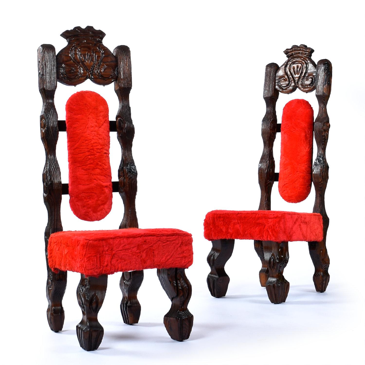 Vintage Witco Rustic Carved Wood Conquistador Dining Set with Red Fur Chairs For Sale 12