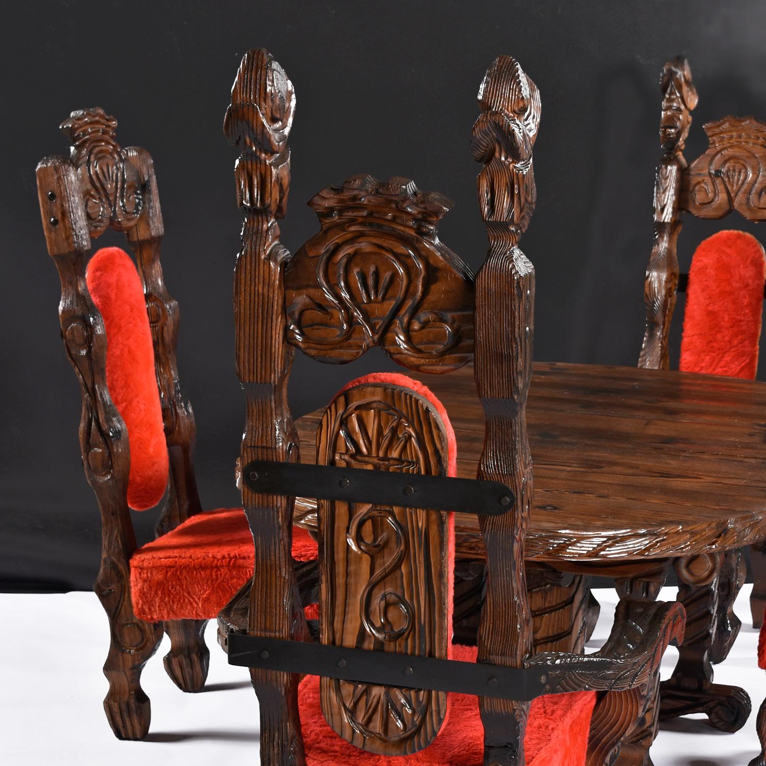 Fabulous complete Witco Tiki dining set with four red velvet chairs and expanding dining table. This is the first time in 13 years of business that we’ve had this complete Witco dining set. We’re lucky to find this elusive set in outstanding