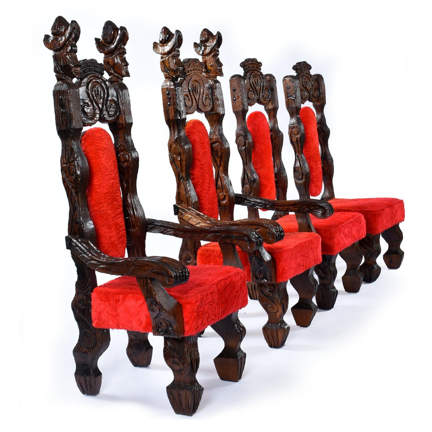 American Vintage Witco Rustic Carved Wood Conquistador Dining Set with Red Fur Chairs For Sale