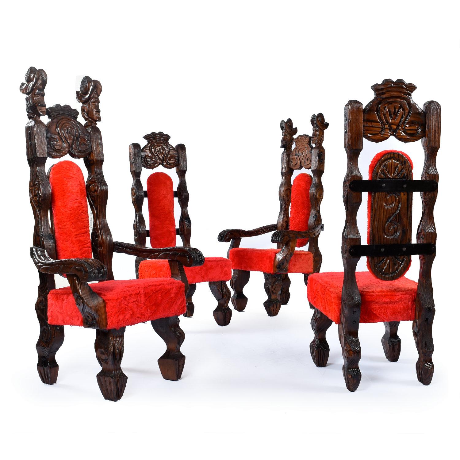 Metal Vintage Witco Rustic Carved Wood Conquistador Dining Set with Red Fur Chairs For Sale