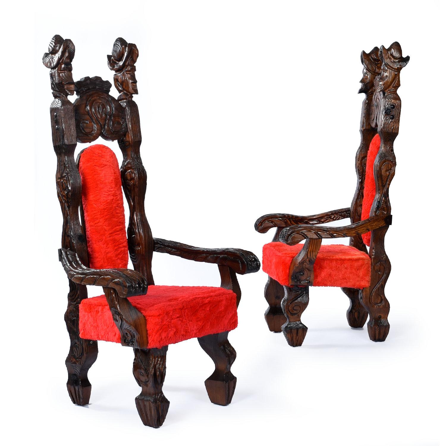 Vintage Witco Rustic Carved Wood Conquistador Dining Set with Red Fur Chairs For Sale 2