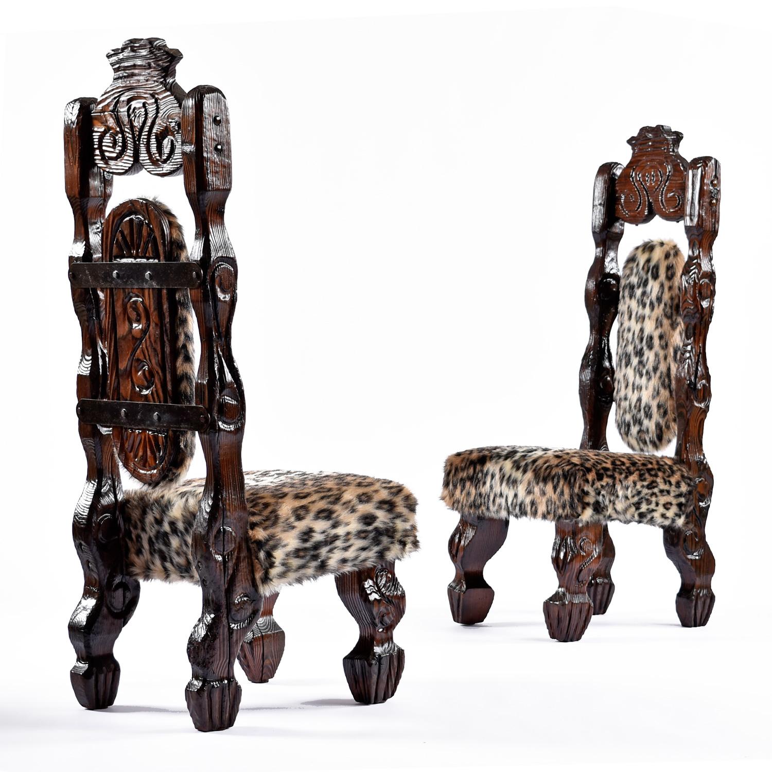 Mid-Century Modern Vintage Witco Tiki King Throne Hand-Carved Highback Chairs in Faux Leopard Fur For Sale