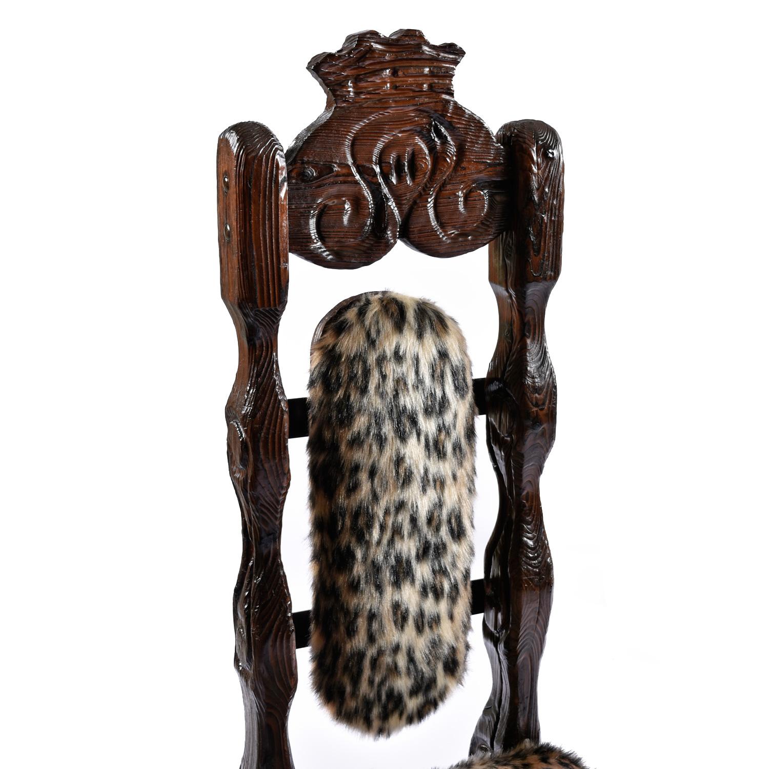 American Vintage Witco Tiki King Throne Hand-Carved Highback Chairs in Faux Leopard Fur For Sale