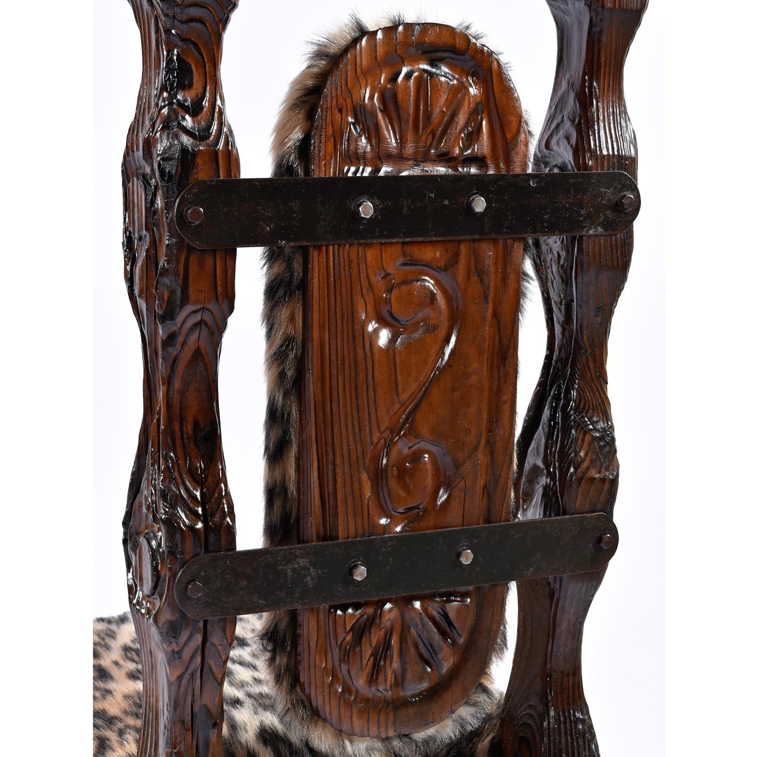 Vintage Witco Tiki King Throne Hand-Carved Highback Chairs in Faux Leopard Fur In Excellent Condition For Sale In Chattanooga, TN