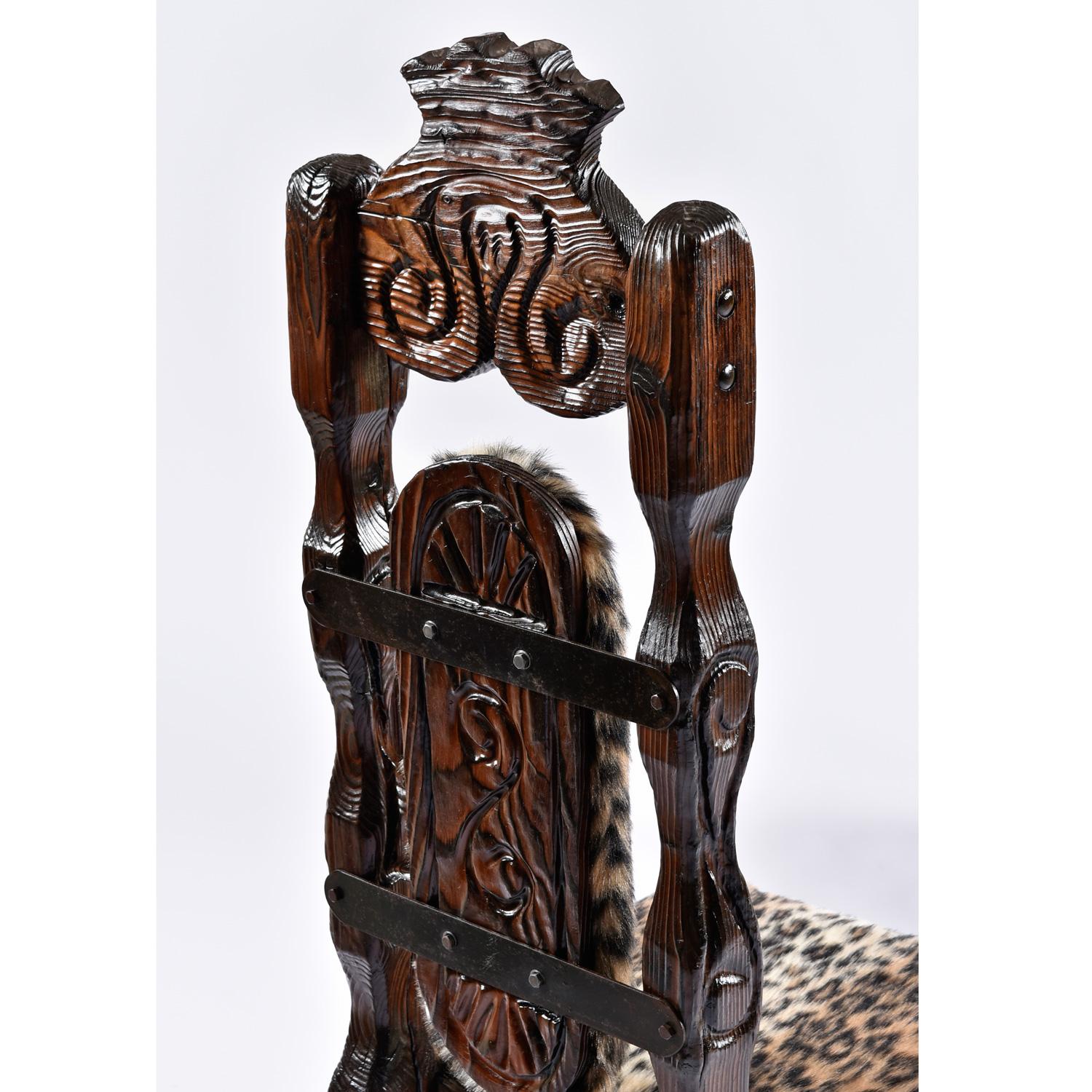 Mid-20th Century Vintage Witco Tiki King Throne Hand-Carved Highback Chairs in Faux Leopard Fur For Sale
