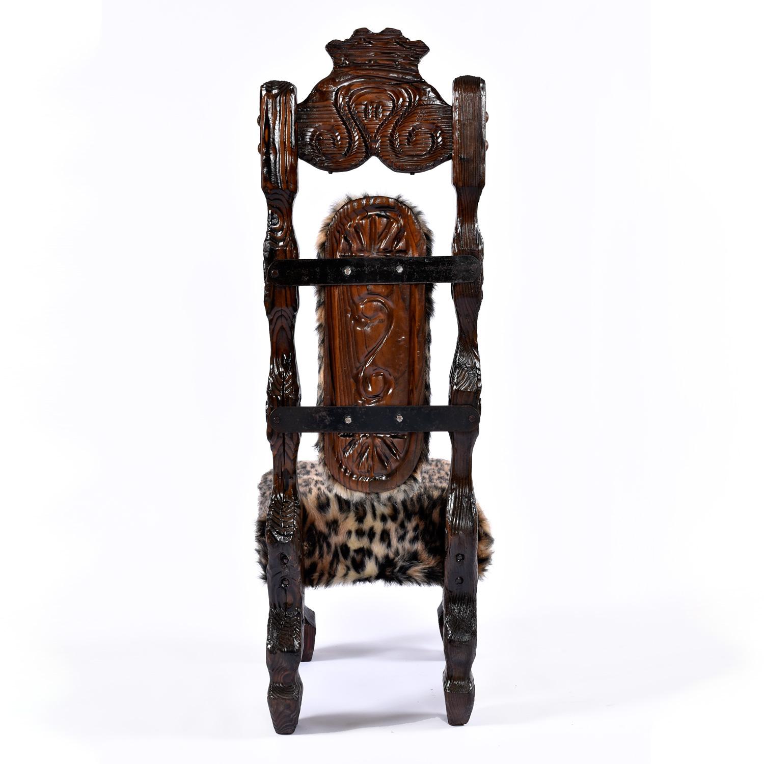 Metal Vintage Witco Tiki King Throne Hand-Carved Highback Chairs in Faux Leopard Fur For Sale