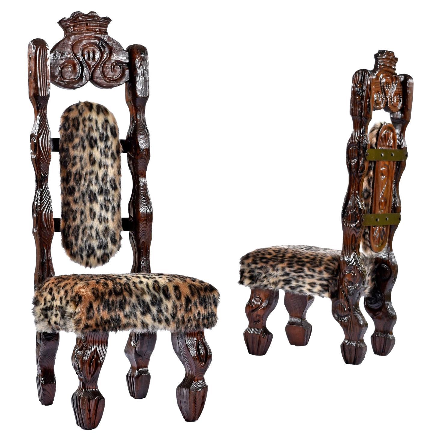 Vintage Witco Tiki King Throne Hand-Carved Highback Chairs in Faux Leopard Fur For Sale