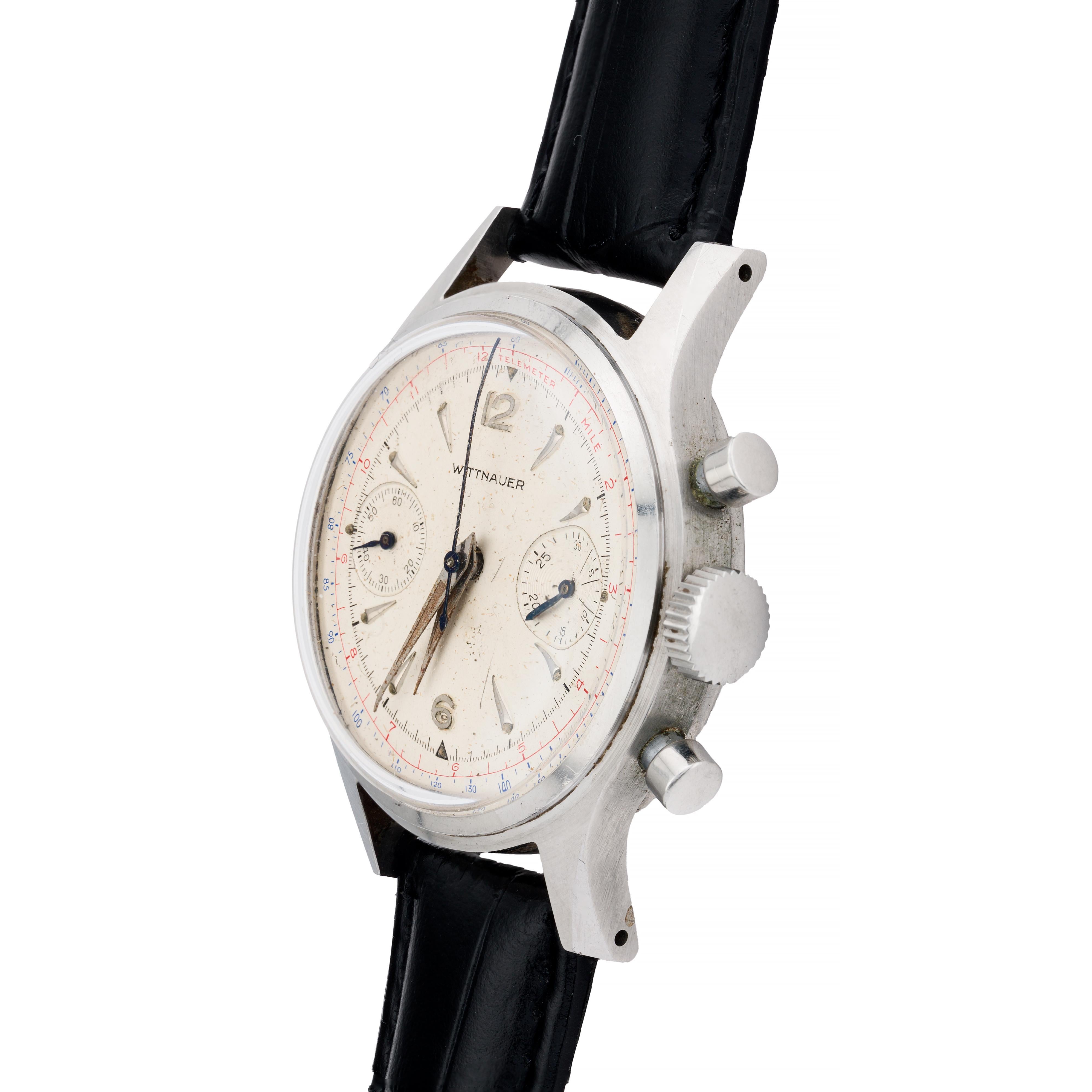 Retro Vintage Wittnauer 1950's Chronograph Reference 3256 Dual Register Venus 188 For Sale