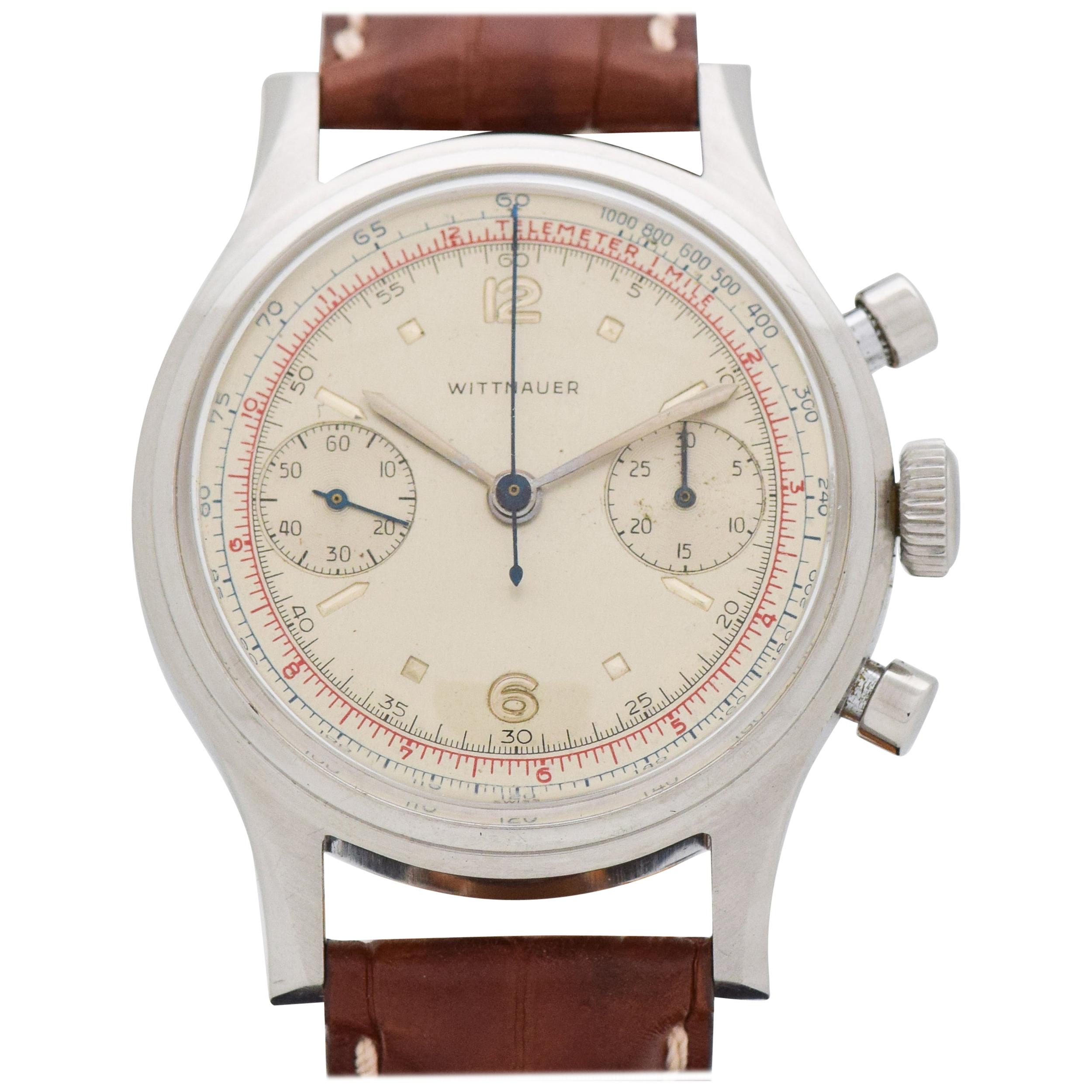 Vintage Wittnauer Chronograph 2-Register Stainless Steel Watch, 1960s For Sale