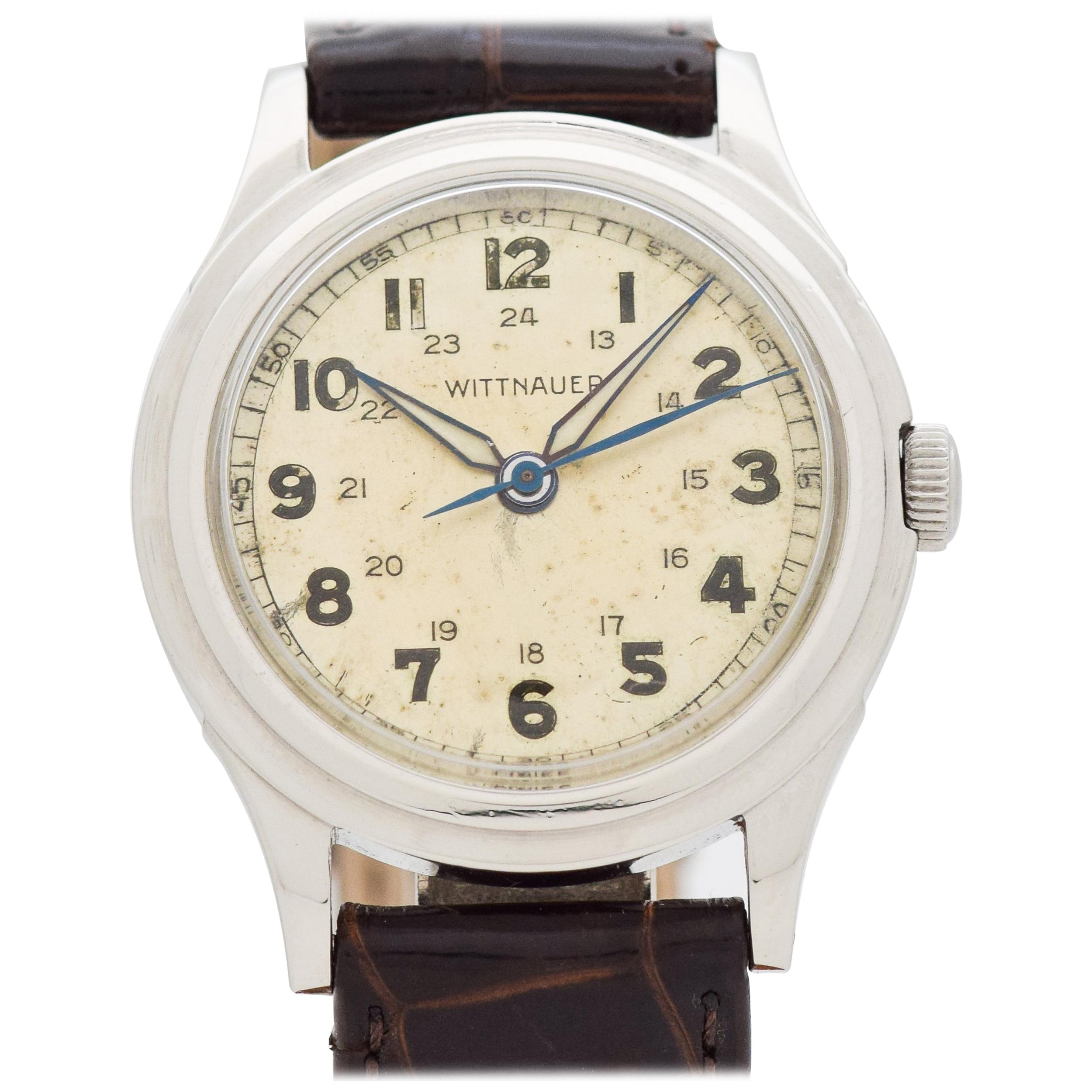Vintage Wittnauer Wwii-Era Military-Style Stainless Steel Watch, 1940s For Sale