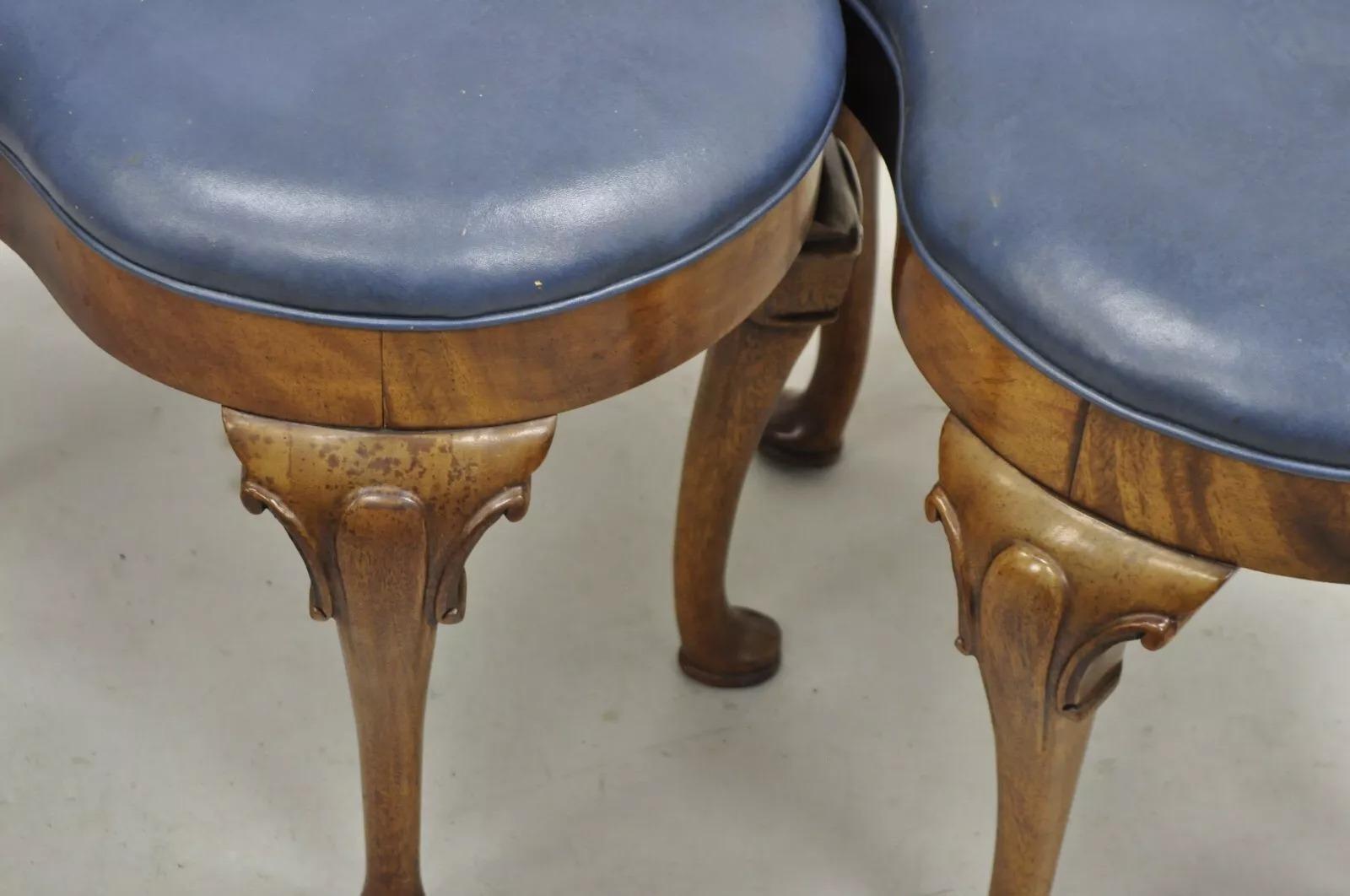 Vintage W&J Sloan English Queen Anne Style Mahogany Blue Leather Ottoman - Pair For Sale 5
