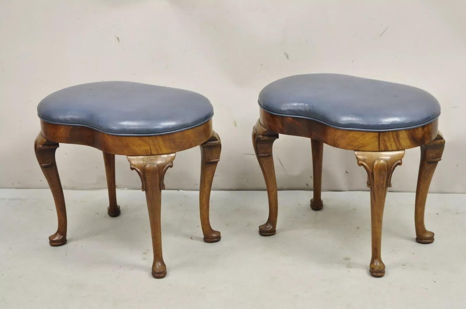 Vintage W&J Sloan English Queen Anne Style Mahogany Blue Leather Ottomans - a Pair. Circa Mid 20th Century. Measurements: 18