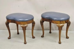 Vintage W&J Sloan English Queen Anne Style Mahogany Blue Leather Ottoman - Pair