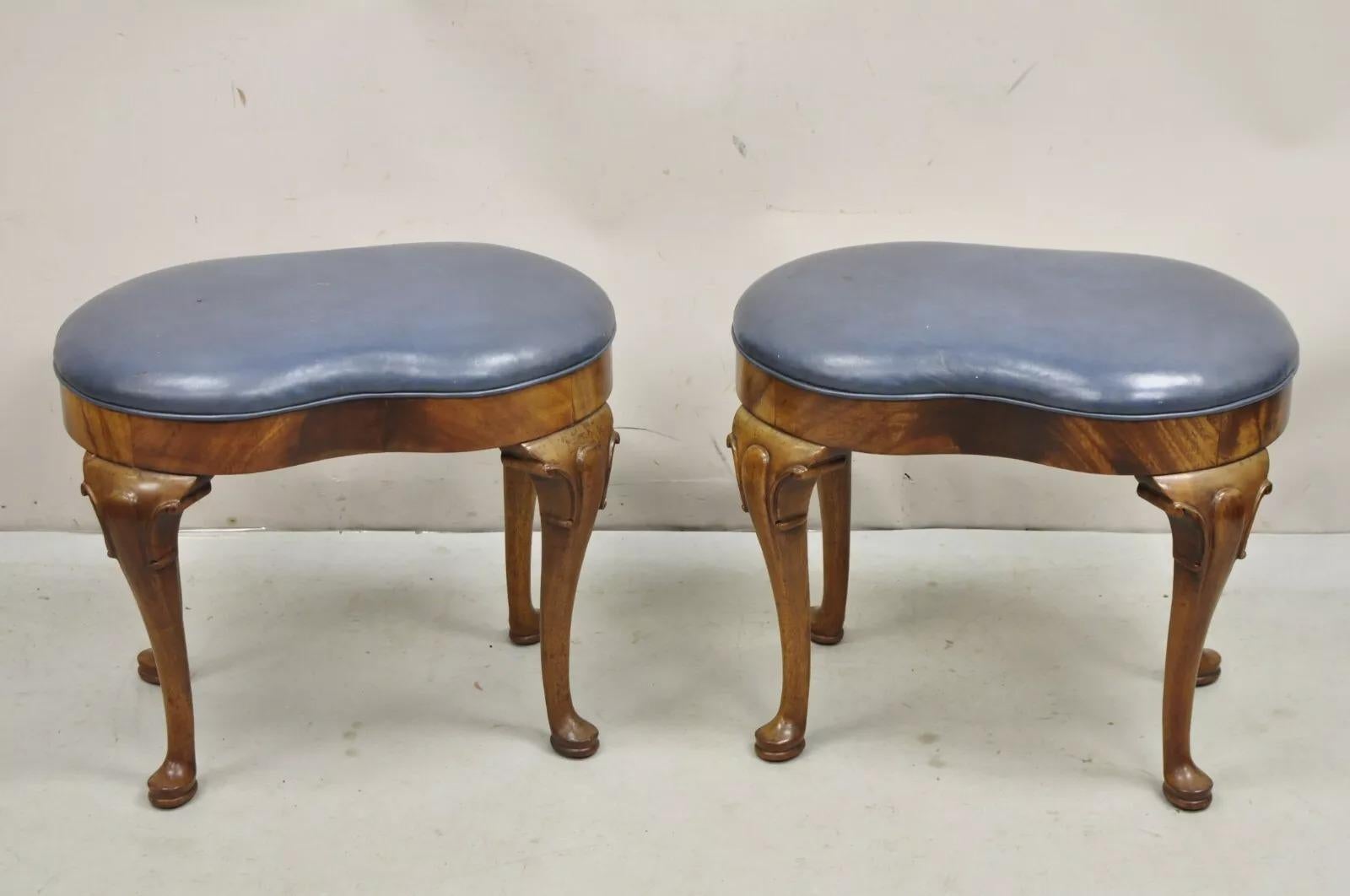 Unknown Vintage W&J Sloan English Queen Anne Style Mahogany Blue Leather Ottoman - Pair For Sale