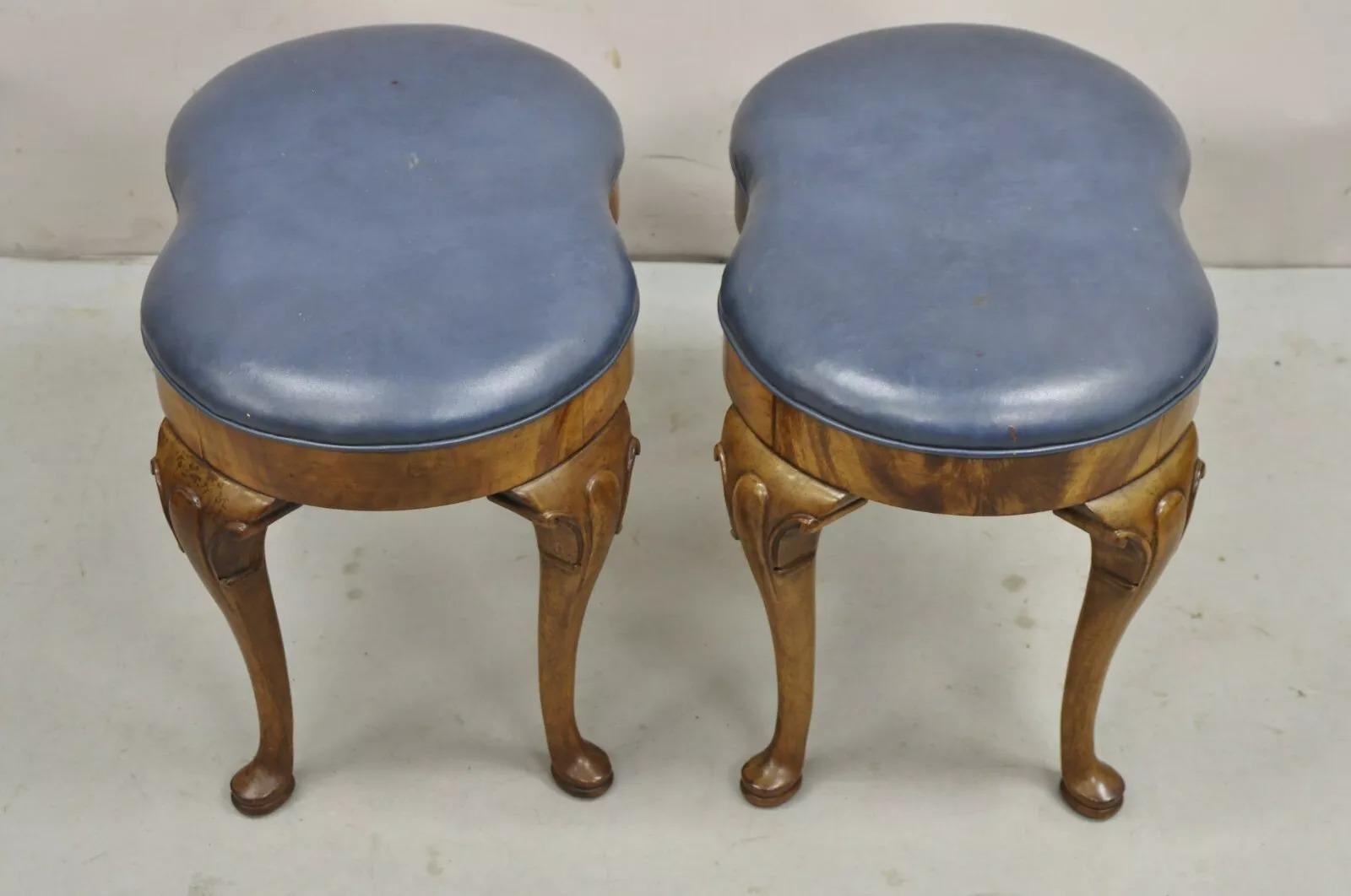 Vintage W&J Sloan English Queen Anne Style Mahogany Blue Leather Ottoman - Pair In Good Condition For Sale In Philadelphia, PA
