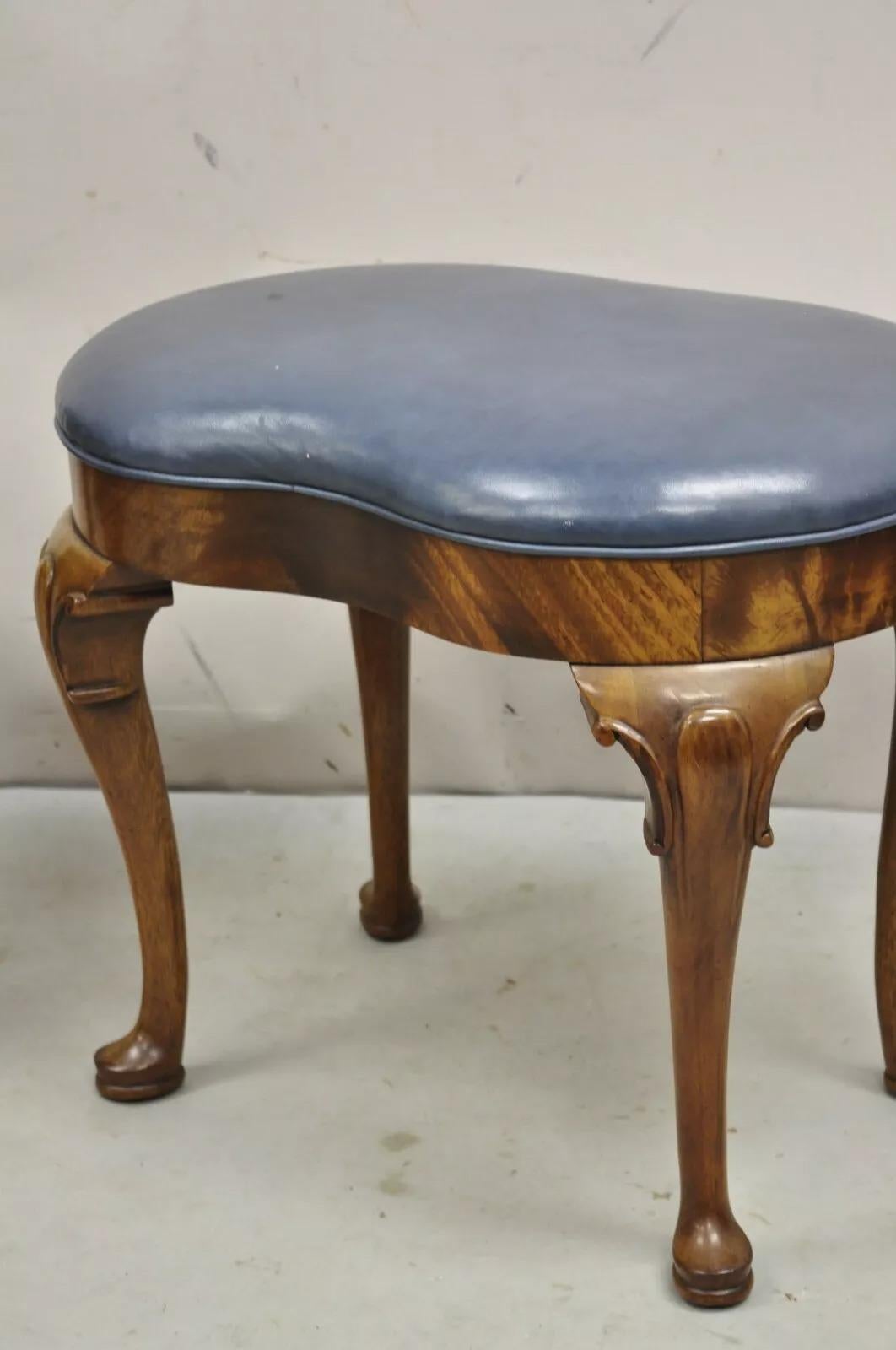 20th Century Vintage W&J Sloan English Queen Anne Style Mahogany Blue Leather Ottoman - Pair For Sale