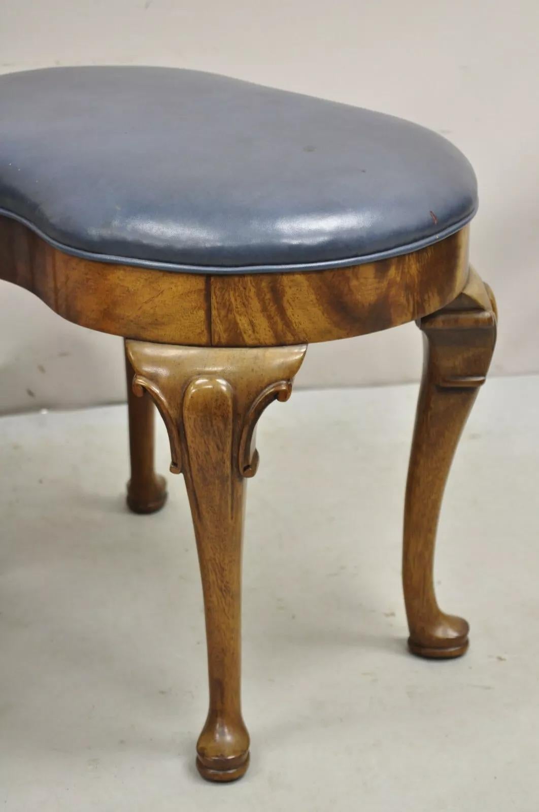Vintage W&J Sloan English Queen Anne Style Mahogany Blue Leather Ottoman - Pair For Sale 1