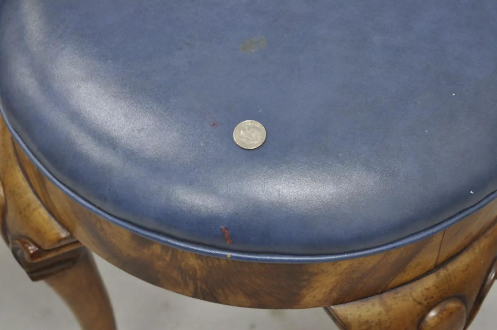 Vintage W&J Sloan English Queen Anne Style Mahogany Blue Leather Ottoman - Pair For Sale 3