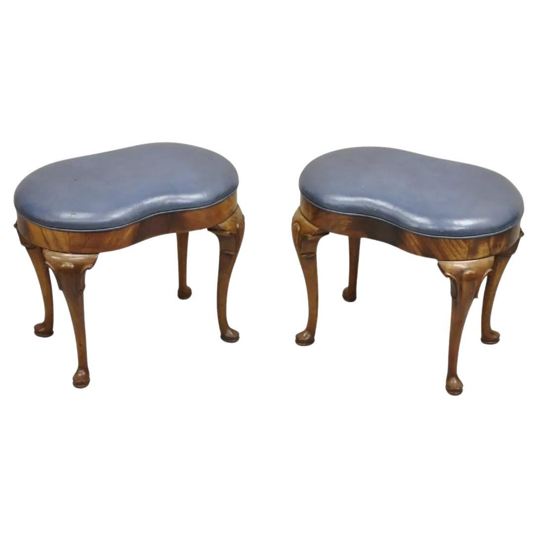 Vintage W&J Sloan English Queen Anne Style Mahogany Blue Leather Ottoman - Pair For Sale