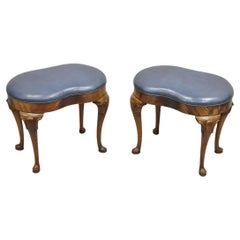 Vintage W&J Sloane Otomana inglesa de cuero azul caoba estilo Queen Anne - Pareja