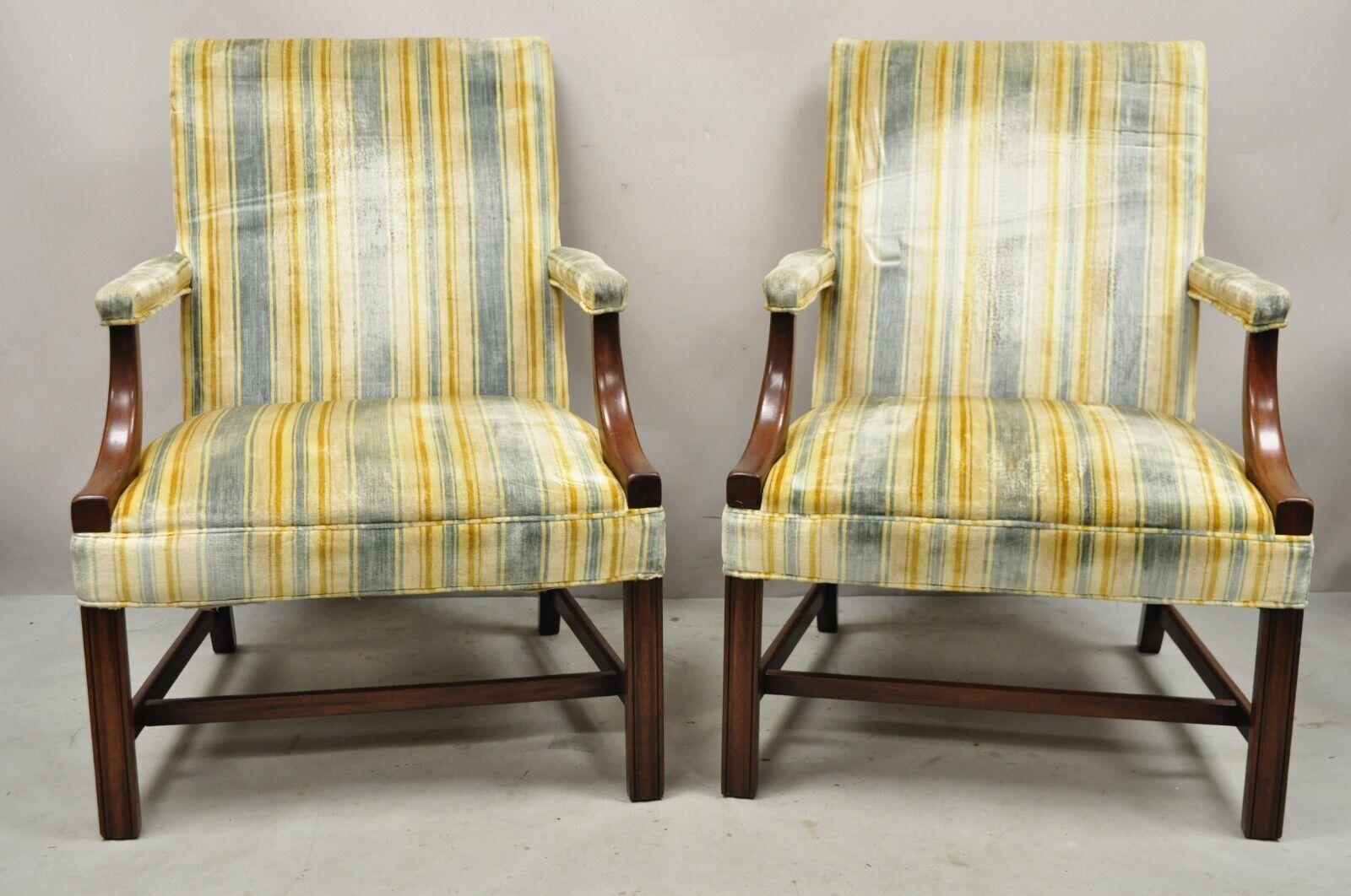 Vintage W&J Sloane Mahogany Frame Edwardian Style Library Arm Chairs - a Pair. Item features a solid wood frames, beautiful wood grain, original label, quality American craftsmanship, great style and form. Circa Mid 20th Street. Measurements: 38