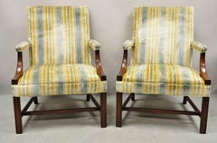 Vintage W&J Sloane Mahogany Frame Edwardian Style Library Arm Chairs - a Pair