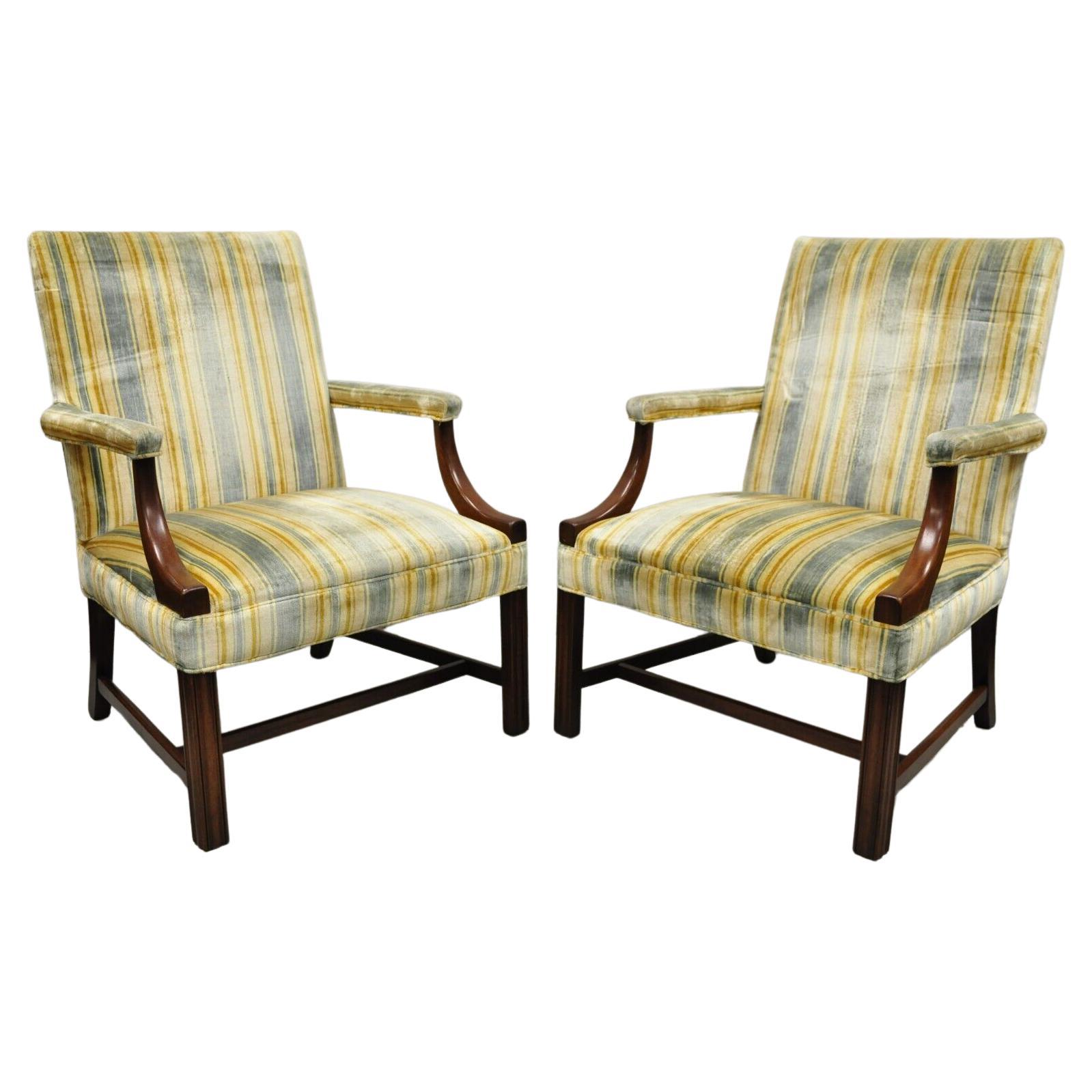 Vintage W&J Sloane Mahogany Frame Edwardian Style Library Arm Chairs - a Pair For Sale