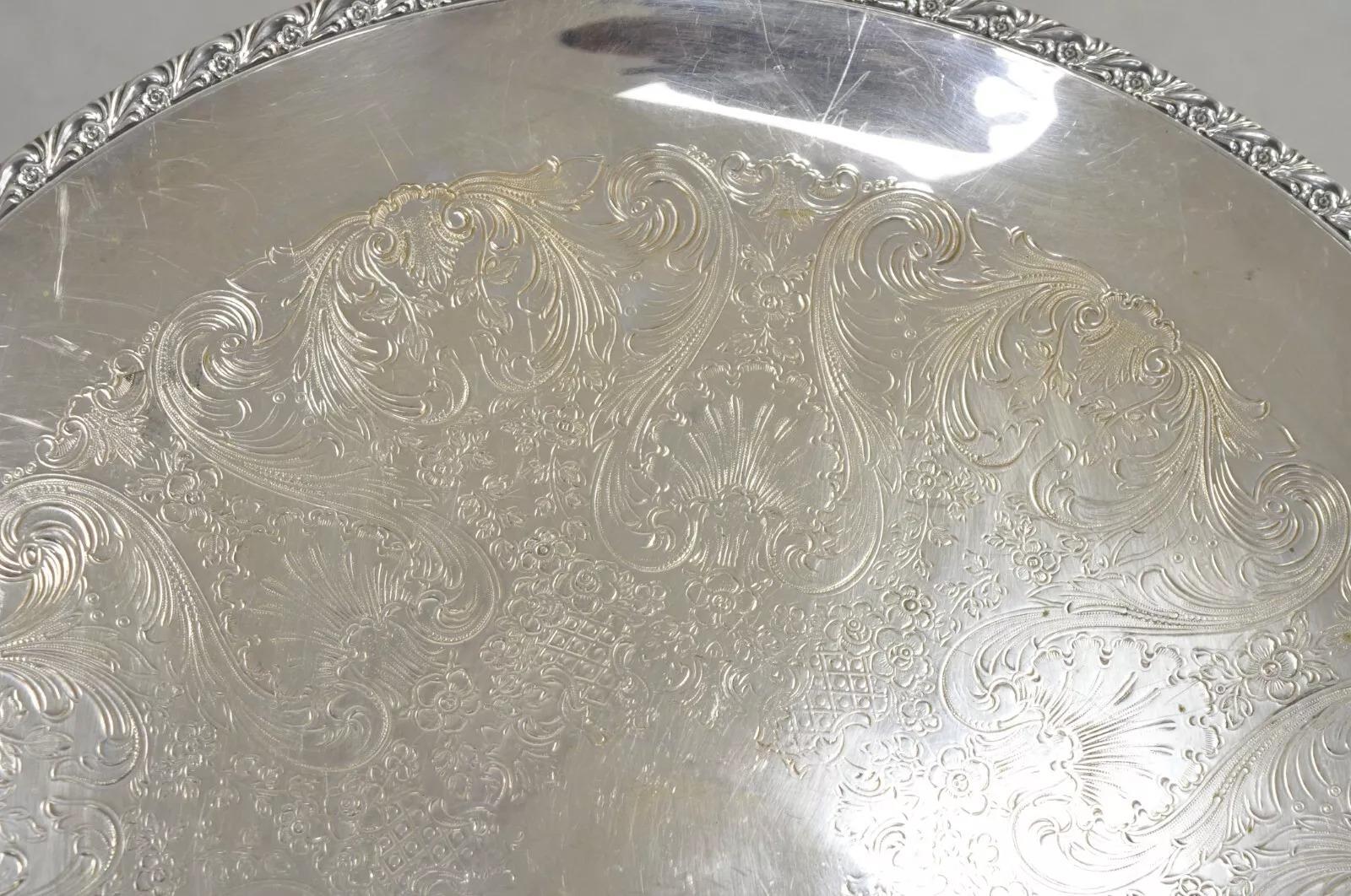 20th Century Vintage WM Rogers 767 Victorian Style Round Silver Plated Serving Platter Tray For Sale