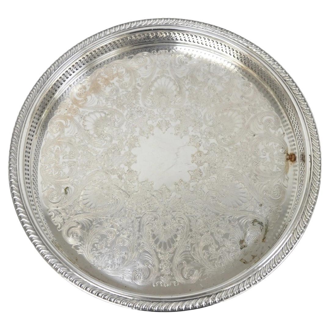 Vintage WM Rogers Round Sllver Plated Raised Gallery Serving Platter Bar Tray For Sale