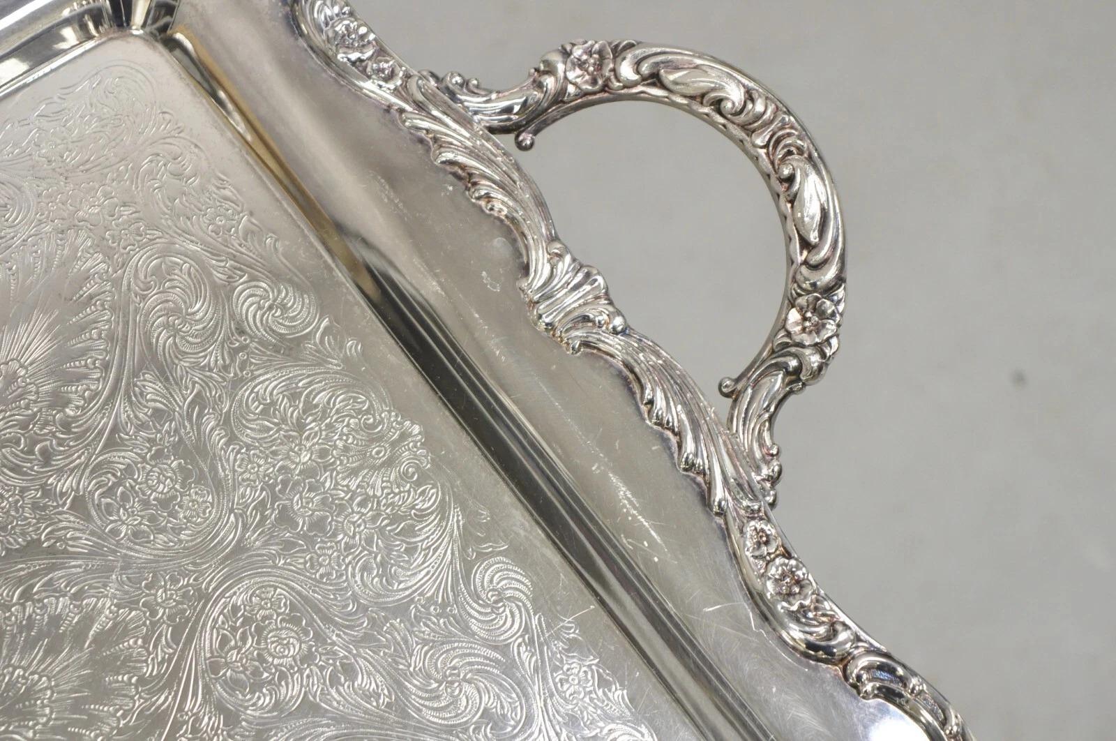 Vintage WM Rogers Silver Plated Victorian Twin Handle Serving Platter Tray For Sale 1