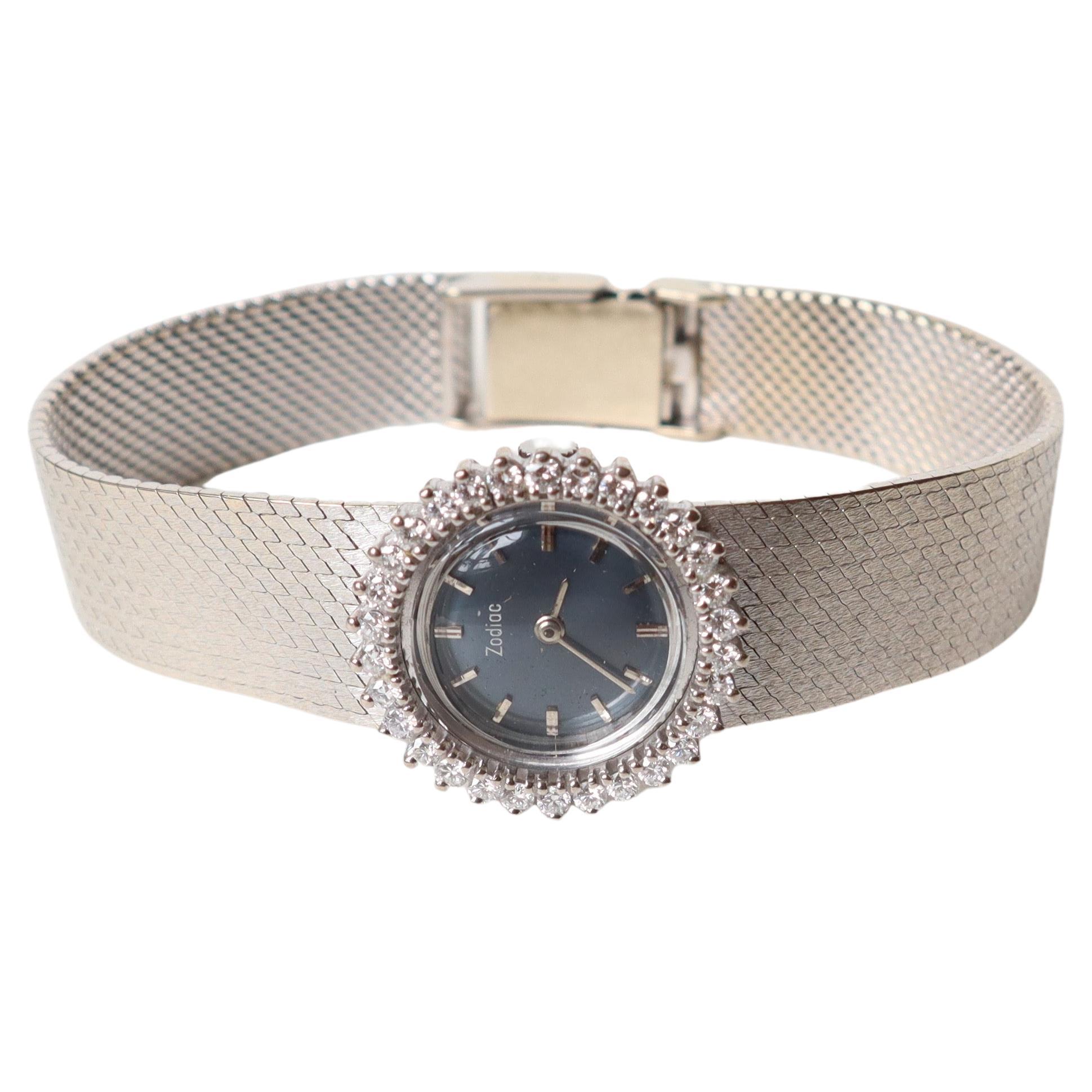 Vintage Woman Watch in 18K White Gold with Diamonds Circa 1960 Zodiac Brand For Sale