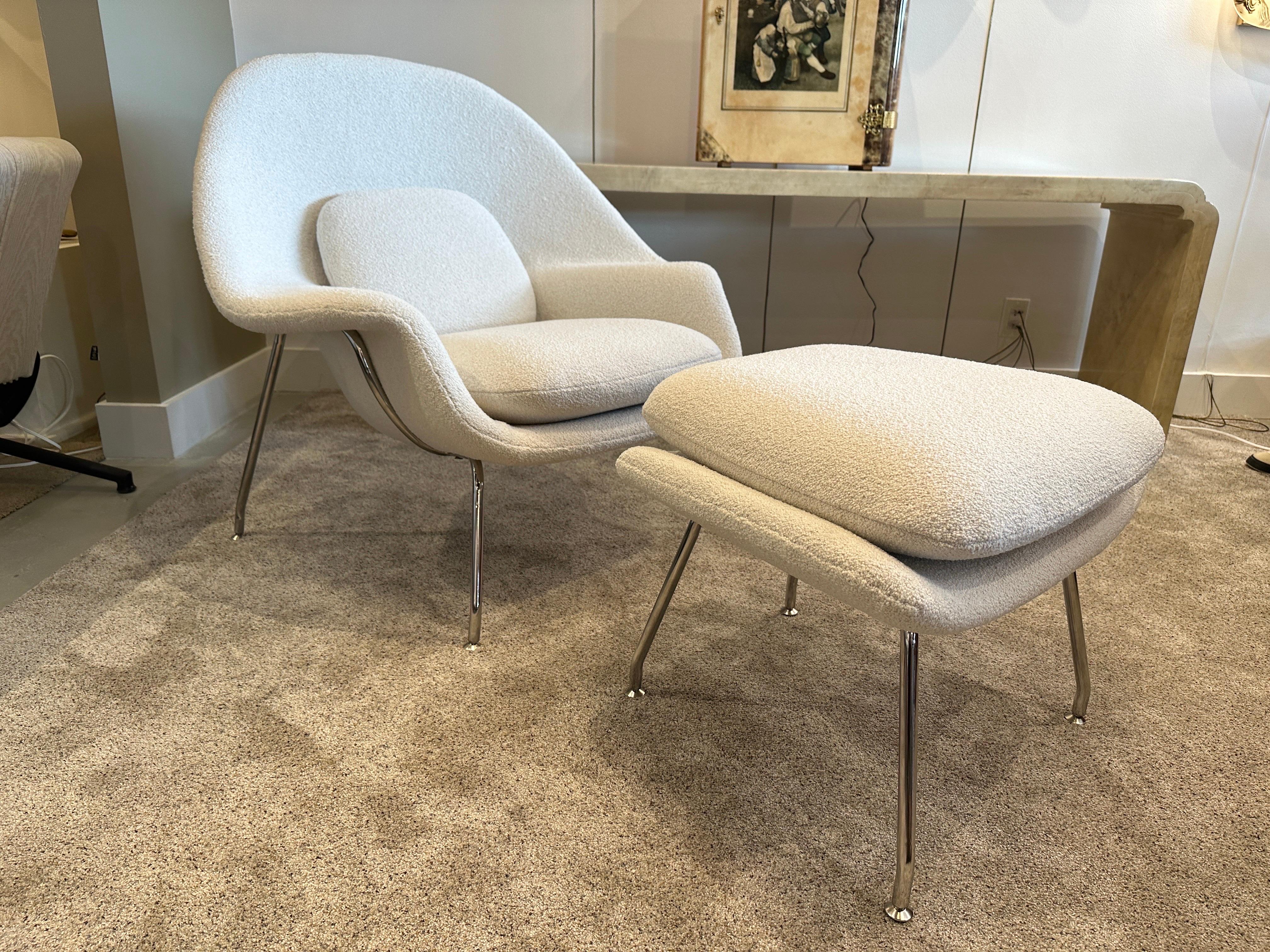 Reupholstered in fine French Boucle, this Womb chair was designed in 1948 by Eero Saarinen at Florence Knoll's request for 