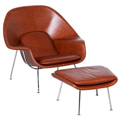 Vintage "Womb" Cognac Leather Chair with Ottoman by Eero Saarinen for Knoll
