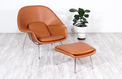 Vintage "Womb" Tan Leather Chair with Ottoman by Eero Saarinen for Knoll