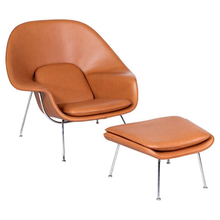 Vintage "Womb" Tan Leather Chair with Ottoman by Eero Saarinen for