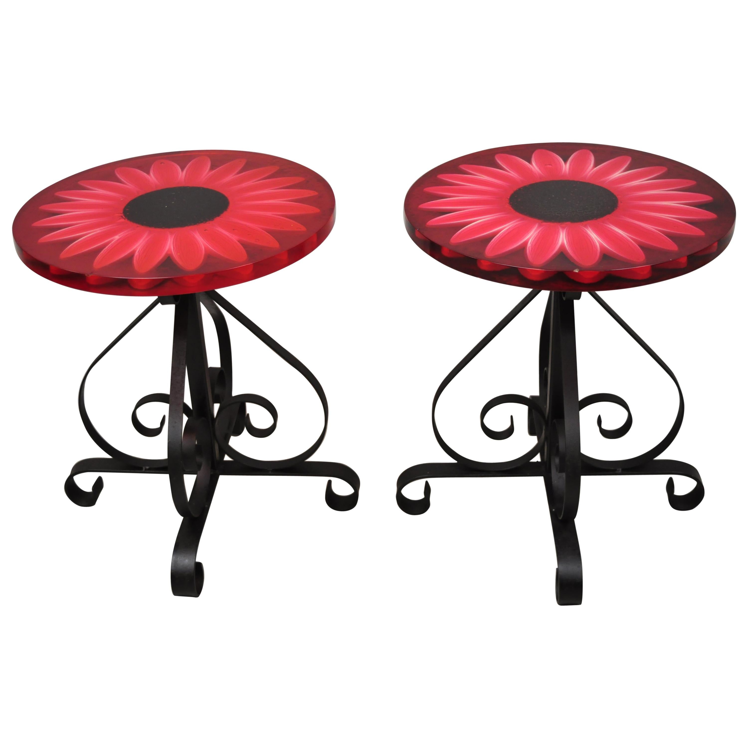 Vintage Wondermold Gamma Associates Red Resin Sun Flower Iron Side Tables, Pair For Sale
