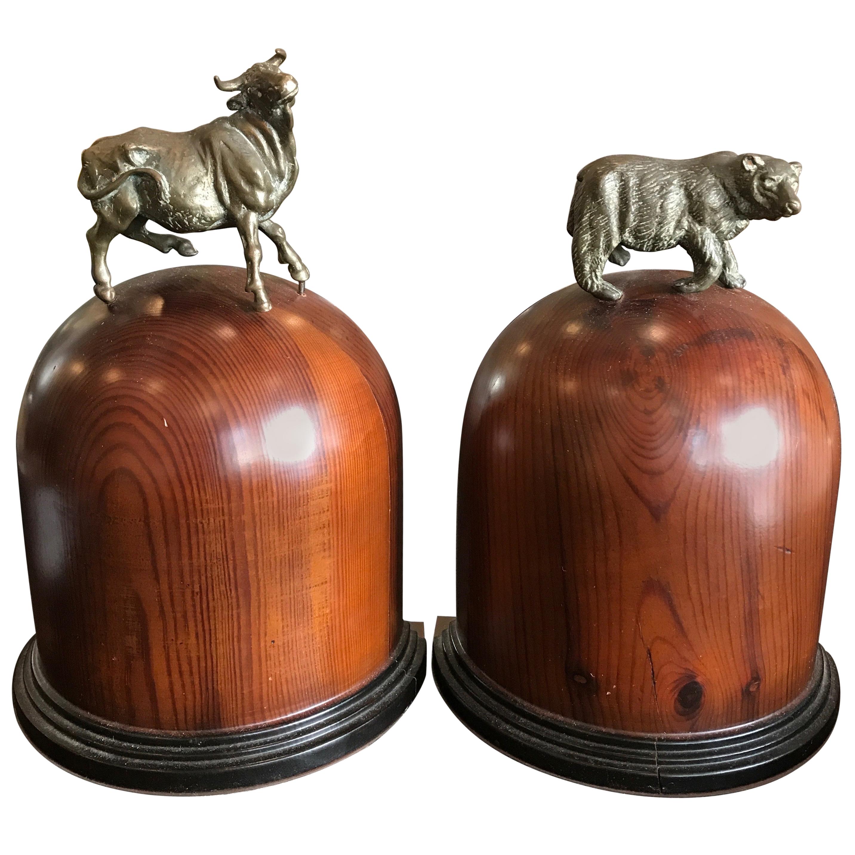 Vintage Wood and Brass Bull and Bear Bookends