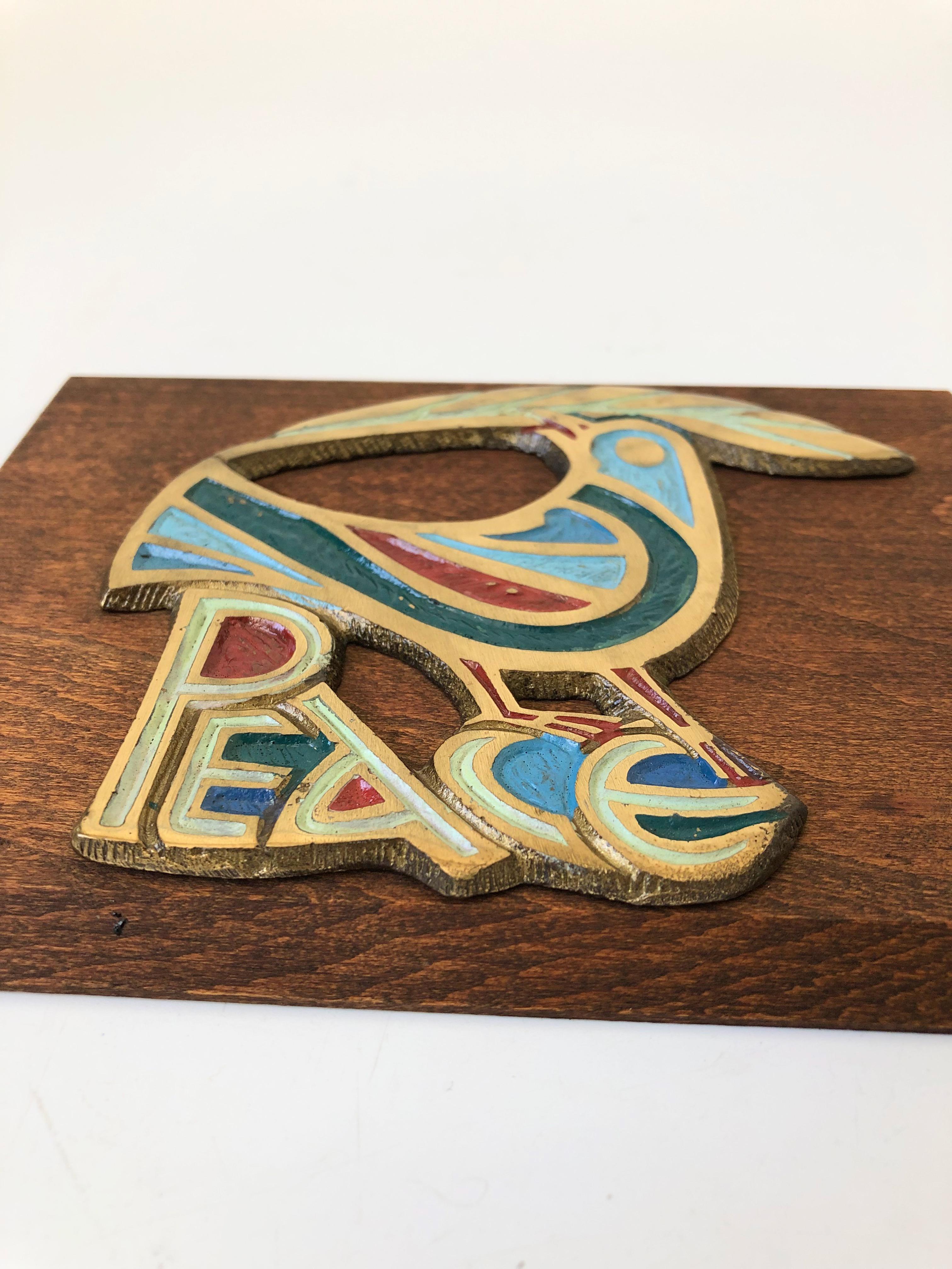 Mid-Century Modern Vintage Wood and Brass Peace Bird Wall Plaque