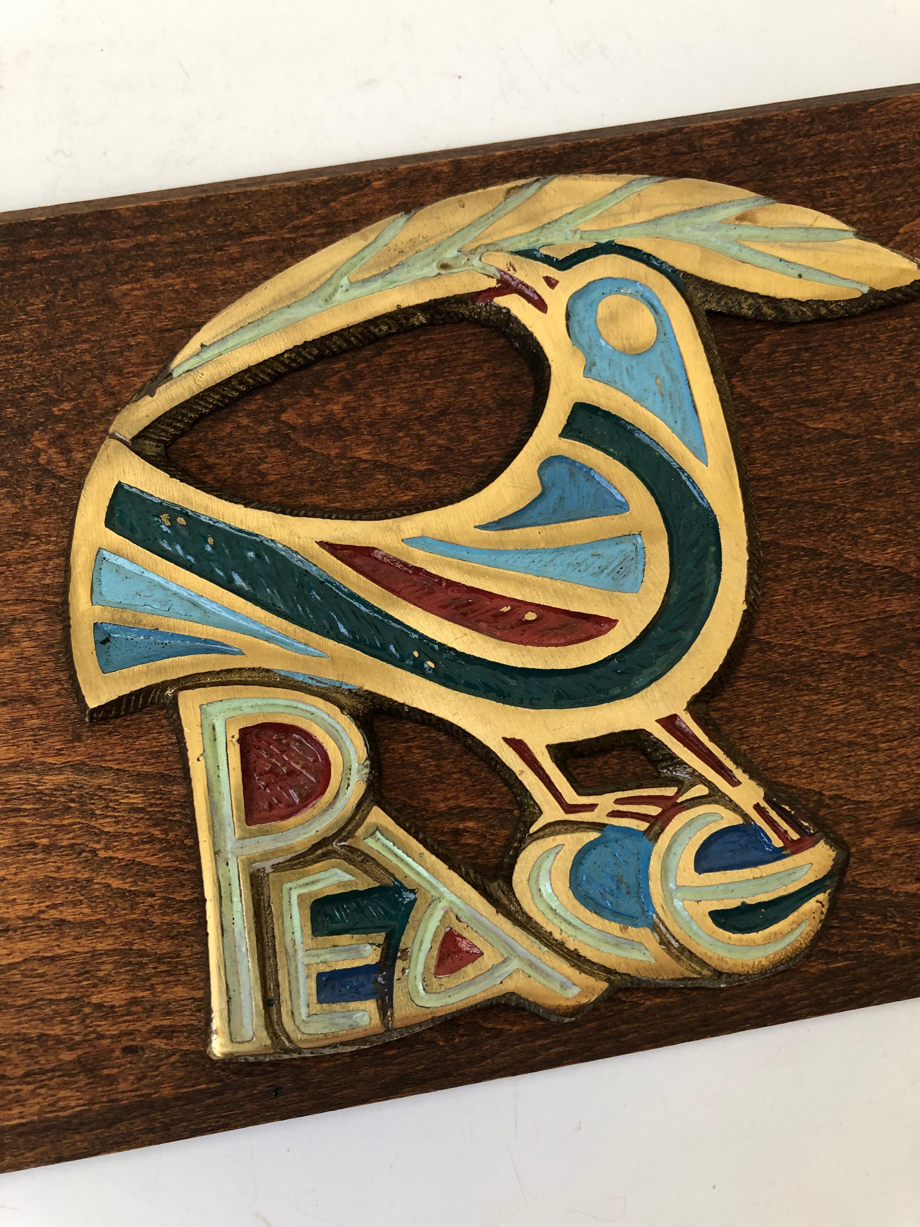 Vintage Wood and Brass Peace Bird Wall Plaque In Good Condition In Vallejo, CA