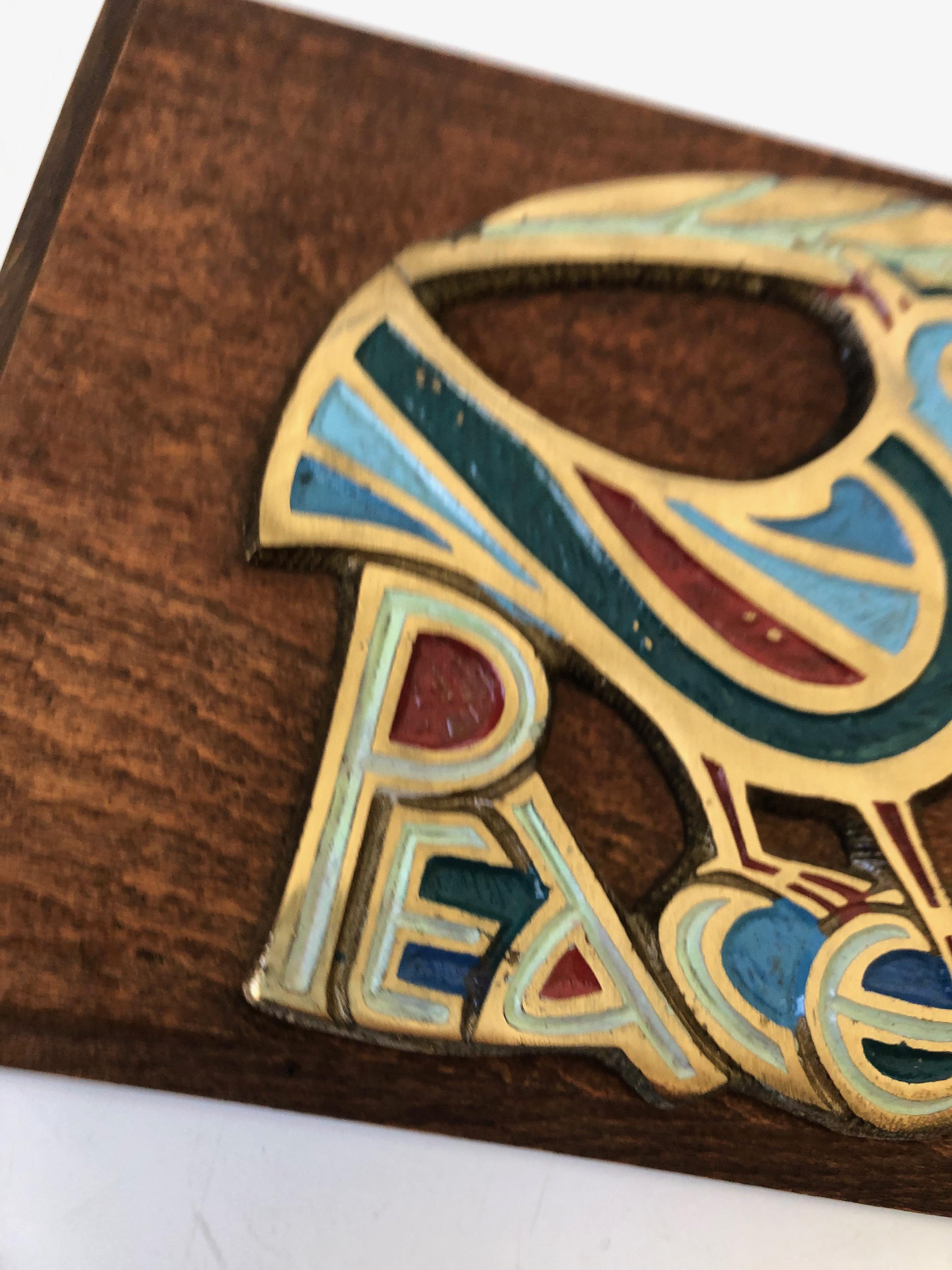 Vintage Wood and Brass Peace Bird Wall Plaque 1