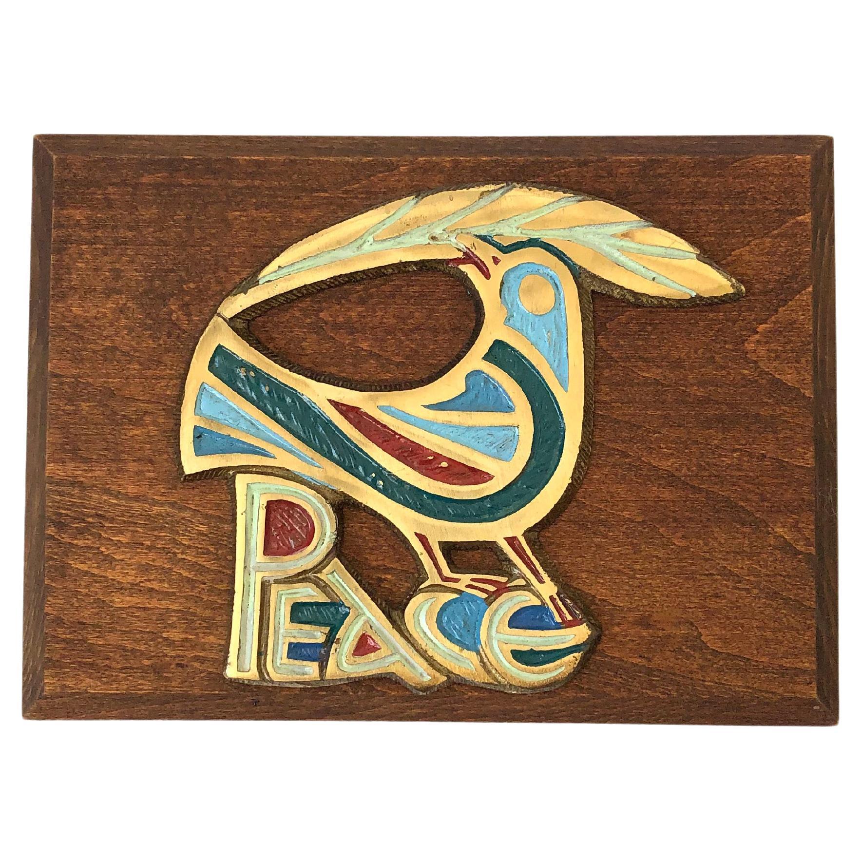 Vintage Wood and Brass Peace Bird Wall Plaque