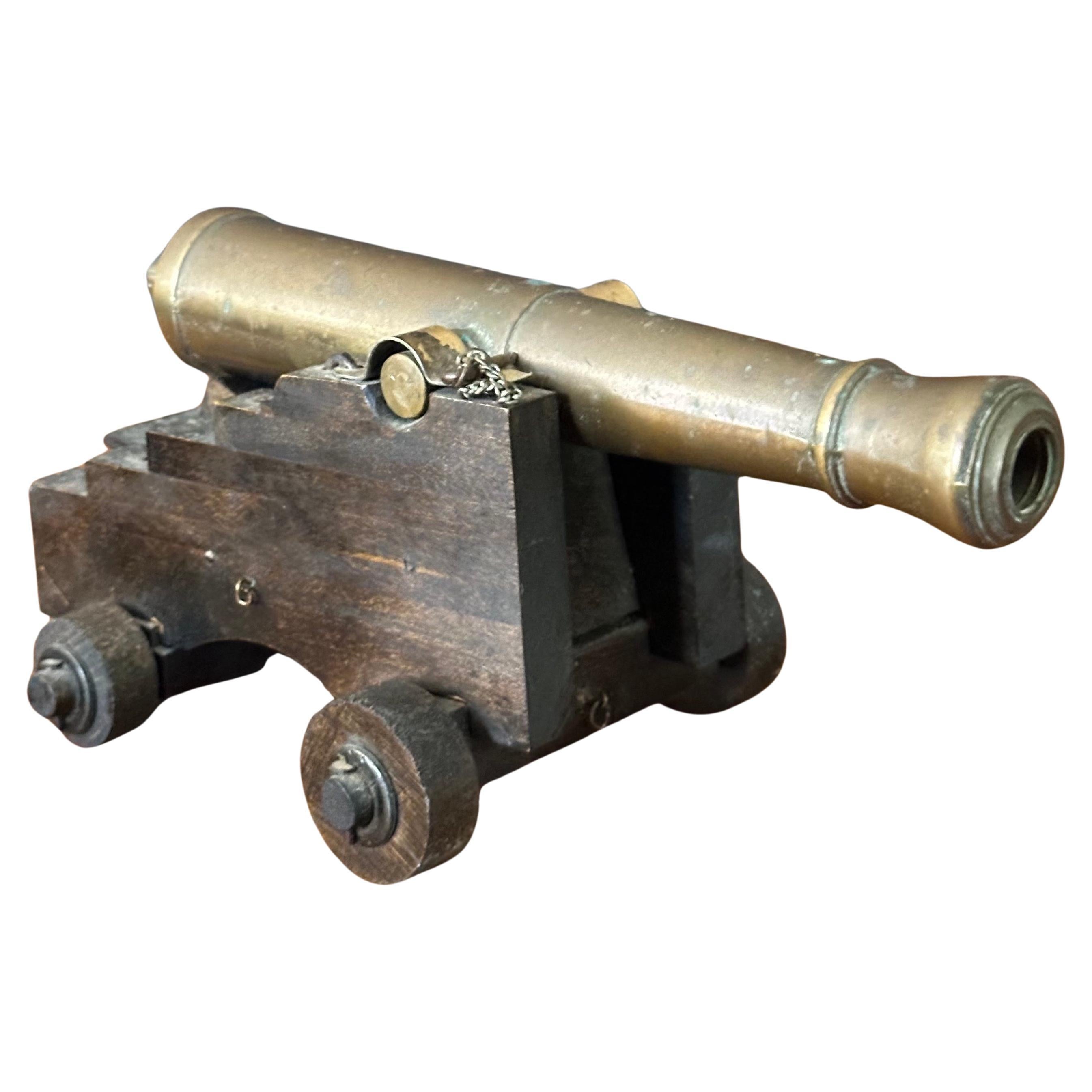 Vintage Wood and Bronze Cannon Model In Good Condition For Sale In San Diego, CA