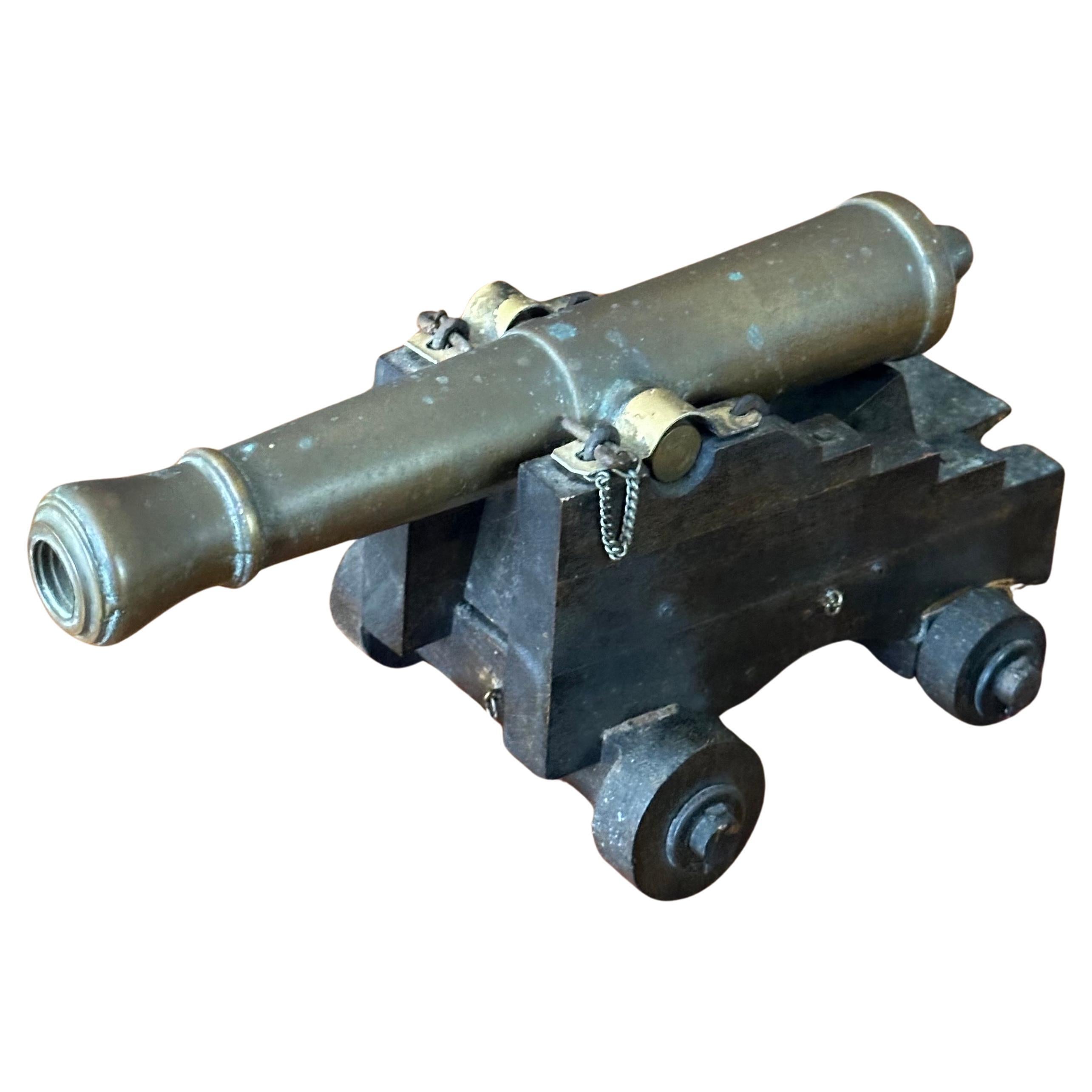 Vintage Wood and Bronze Cannon Model For Sale