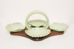 Vintage Wood and Ceramic Green Shells Decorative Plate, France, 1960s