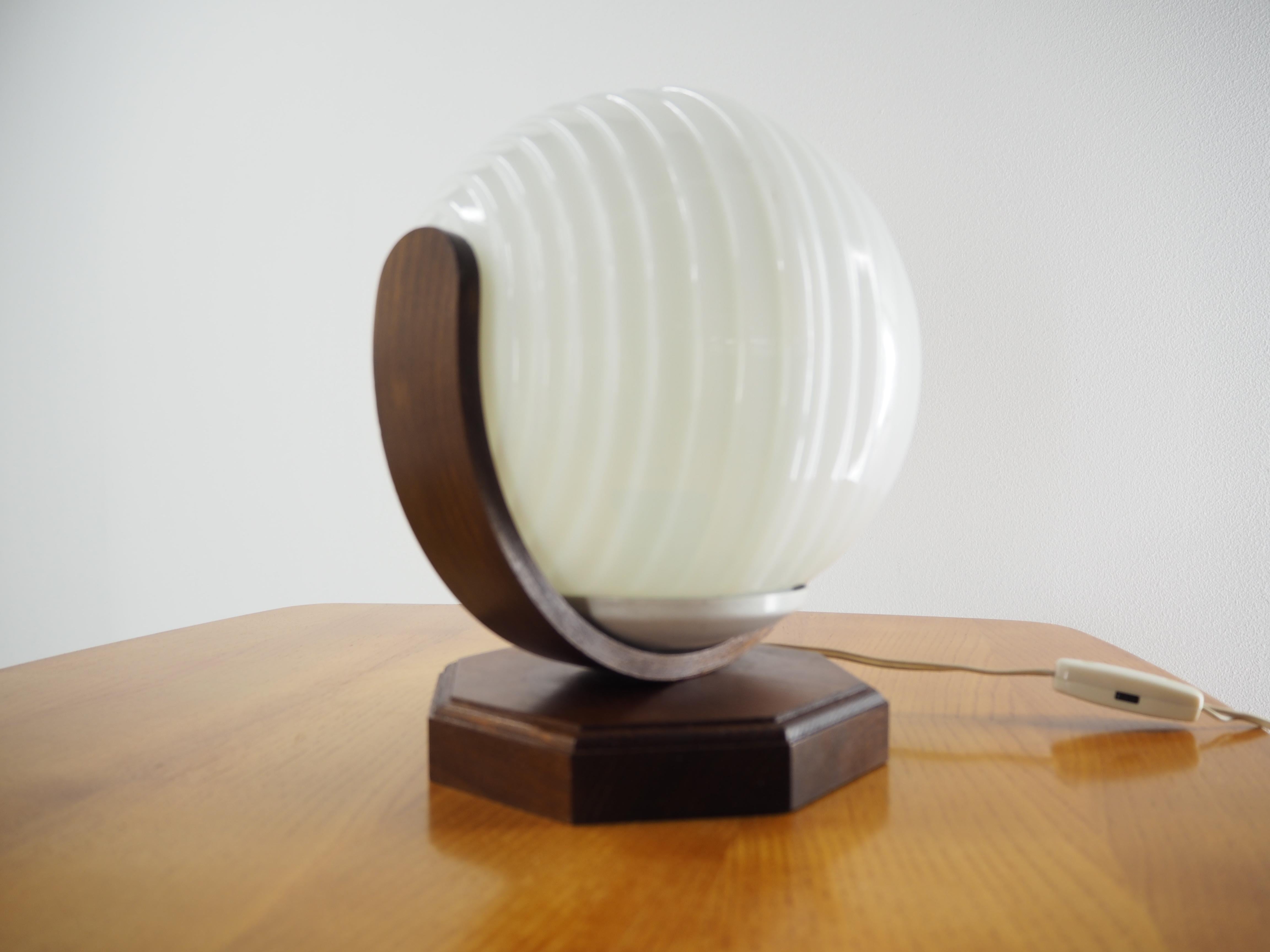 Vintage Wood and Glass Round Table Lamp, from Czechoslovakia, 1970s 4