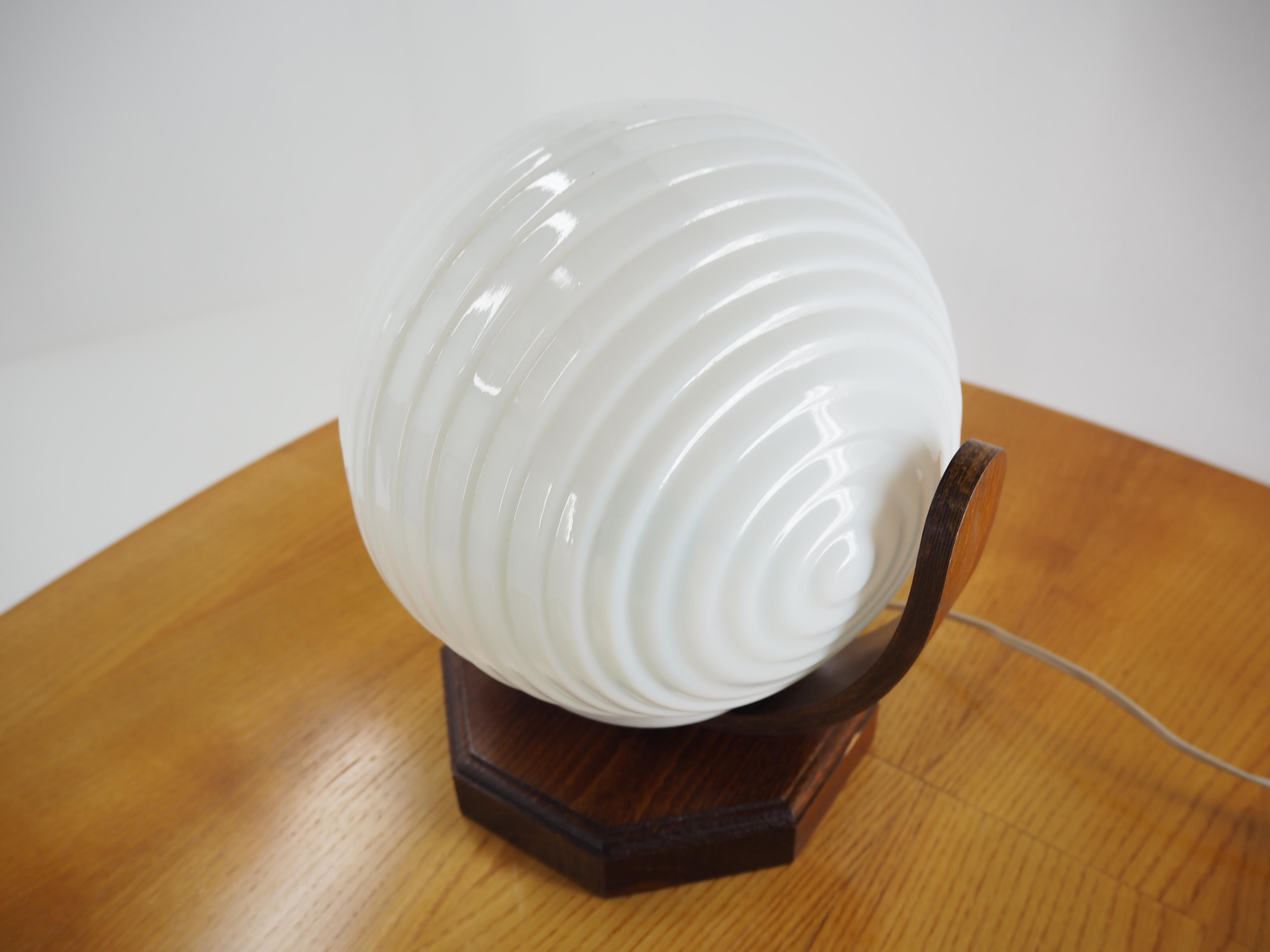 Vintage Wood and Glass Round Table Lamp, from Czechoslovakia, 1970s 6
