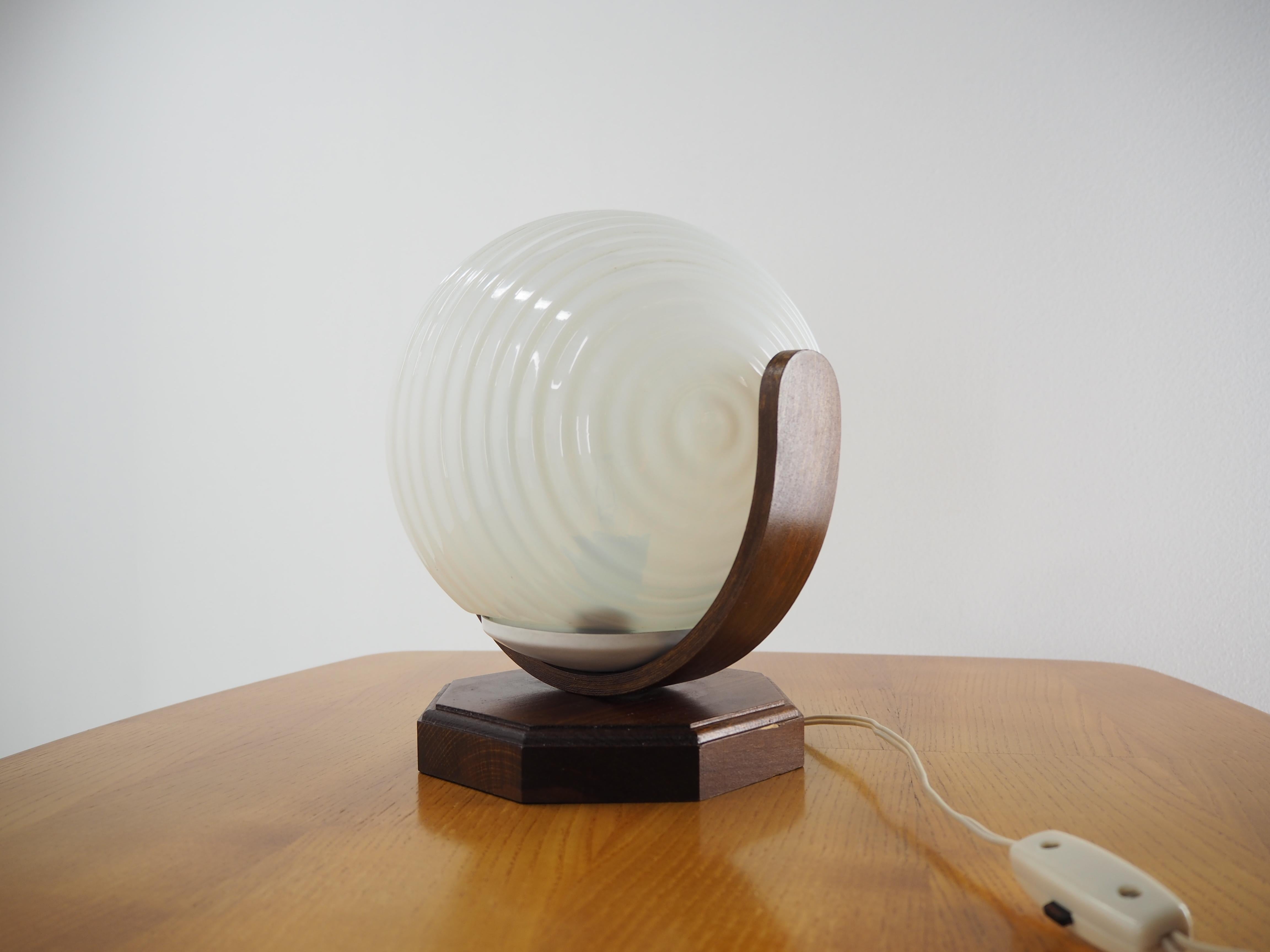 Vintage Wood and Glass Round Table Lamp, from Czechoslovakia, 1970s In Good Condition In Praha, CZ