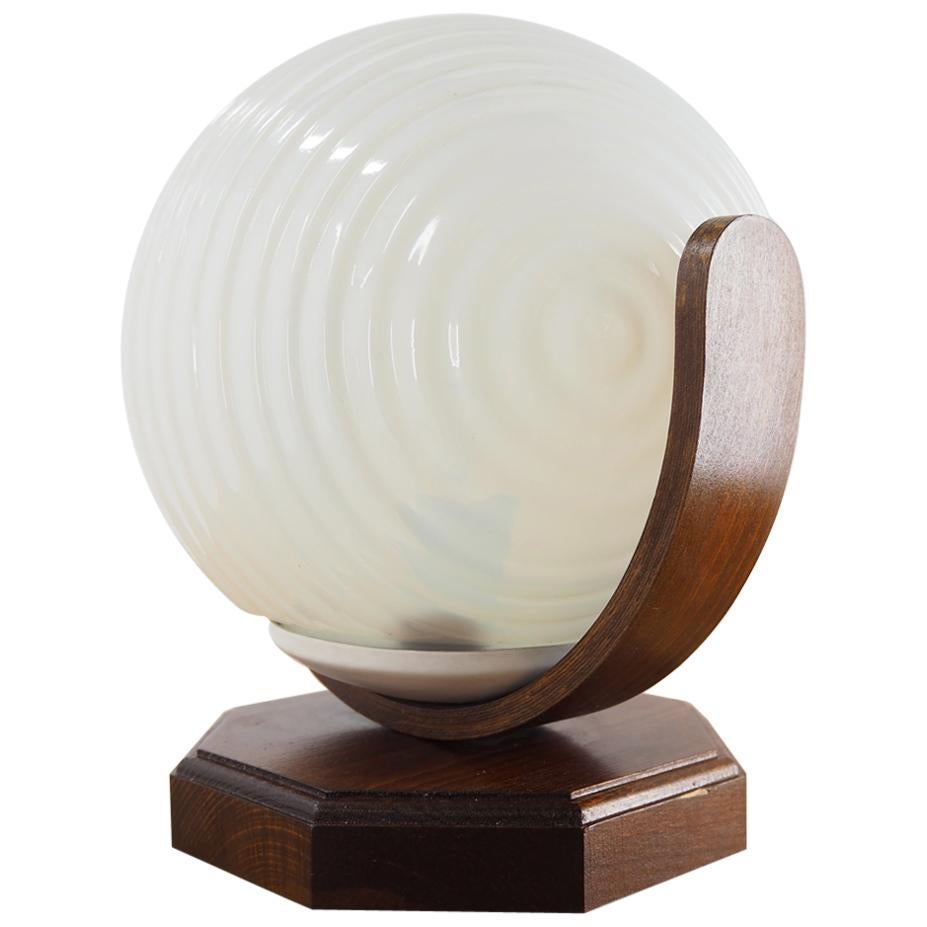 Vintage Wood and Glass Round Table Lamp, from Czechoslovakia, 1970s
