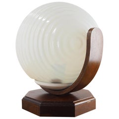Vintage Wood and Glass Round Table Lamp, from Czechoslovakia, 1970s